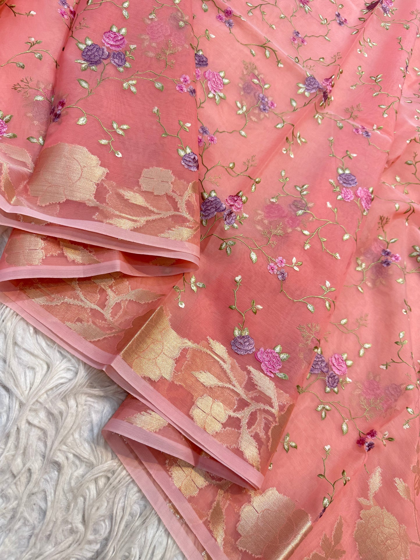 Peach green shade kora organza embroidery Banarasi saree