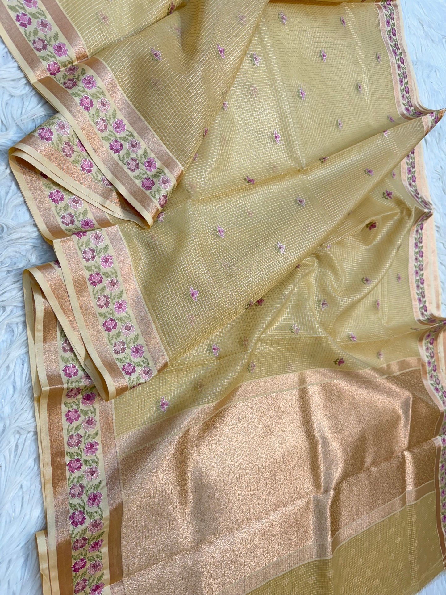 Beige shade kora organza embroidery Banarasi saree