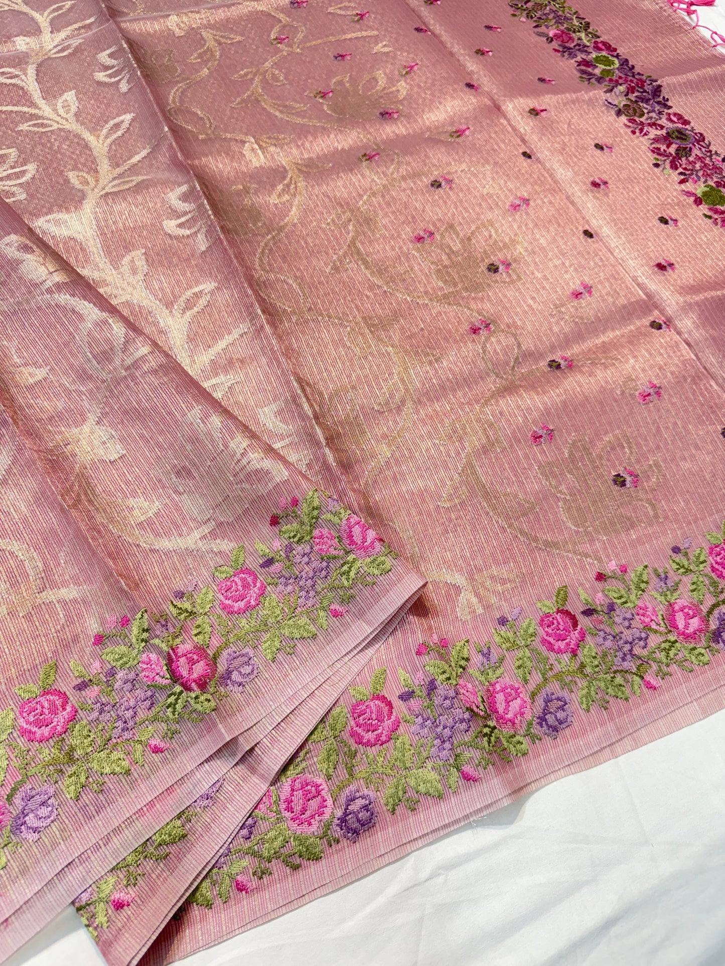 Pink shade tissue kota embroidery primum Banarasi saree