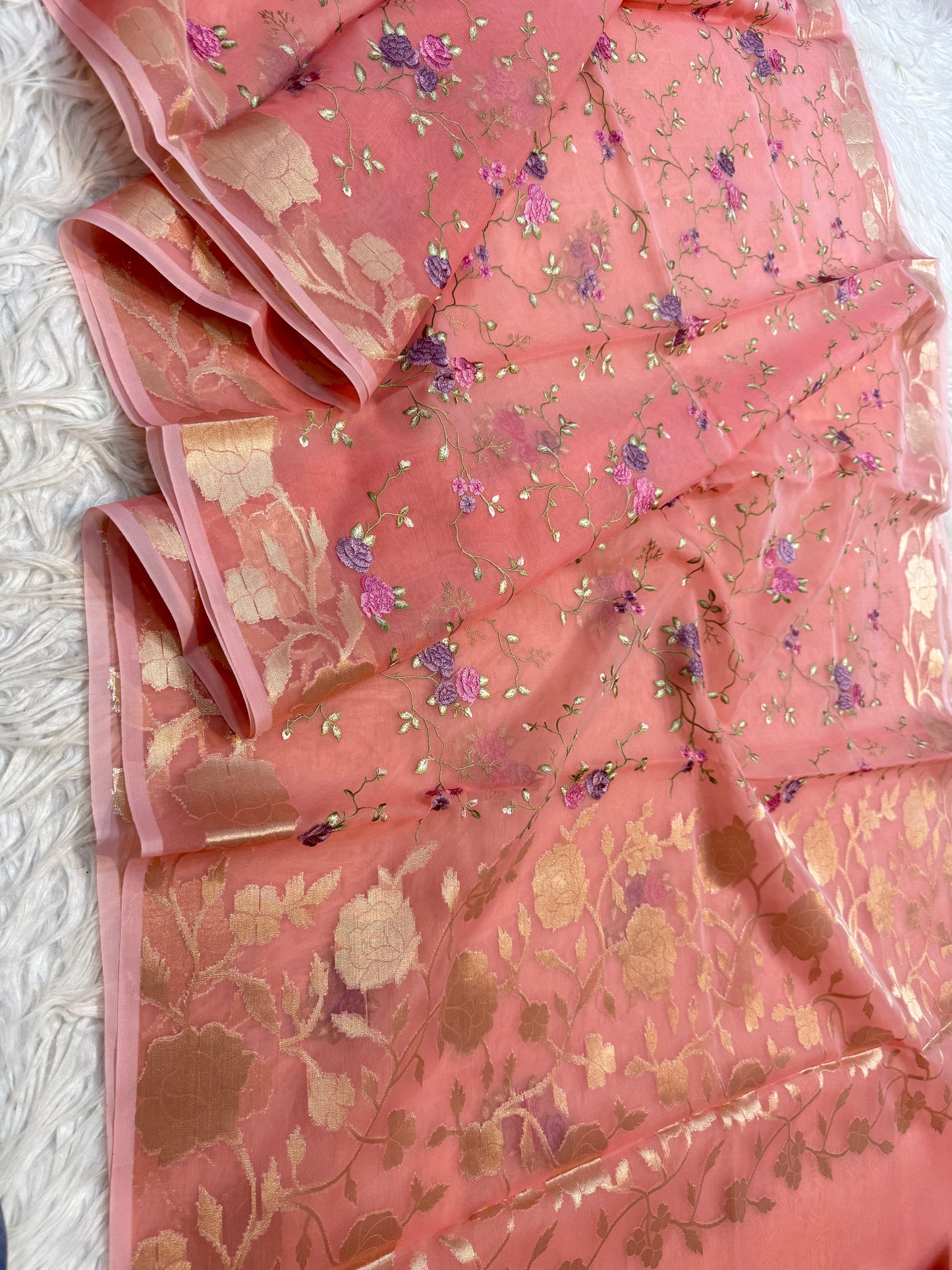 Peach green shade kora organza embroidery Banarasi saree