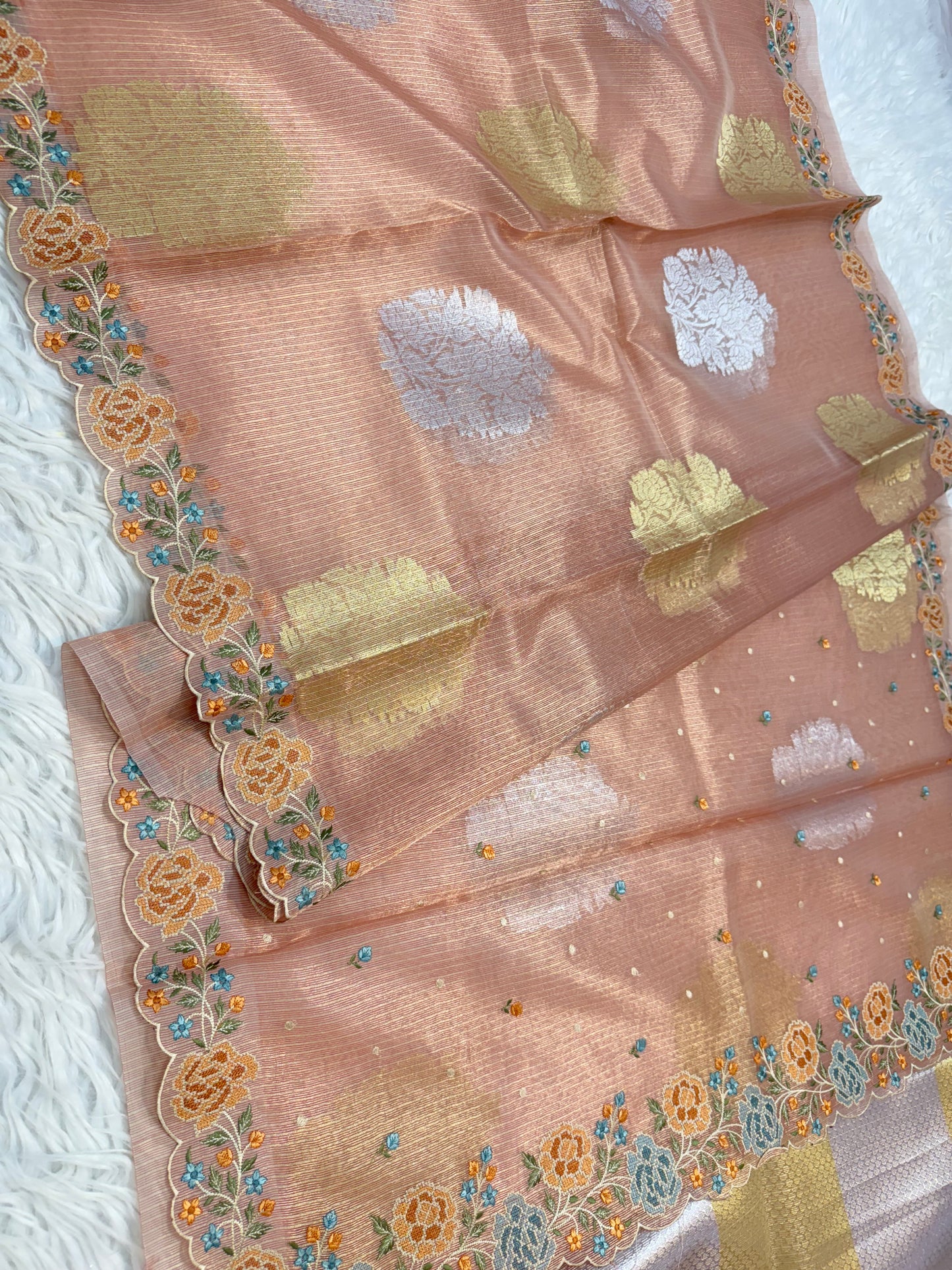 Peach shade tissue kota embroidery primum Banarasi saree