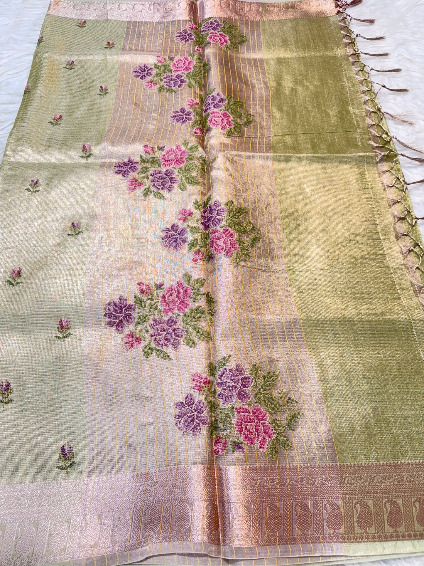 Pista green shade tissue kota embroidery primum Banarasi saree