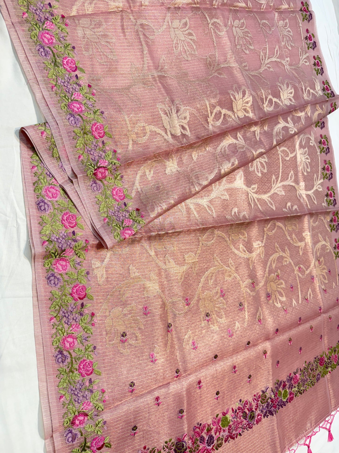 Pink shade tissue kota embroidery primum Banarasi saree
