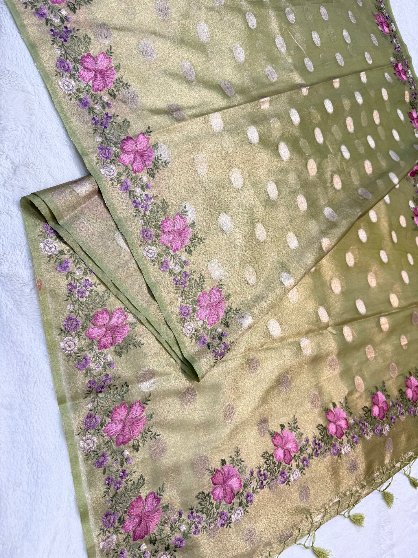 Pista green shade tissue cutwork embroidery premium designer Banarasi saree