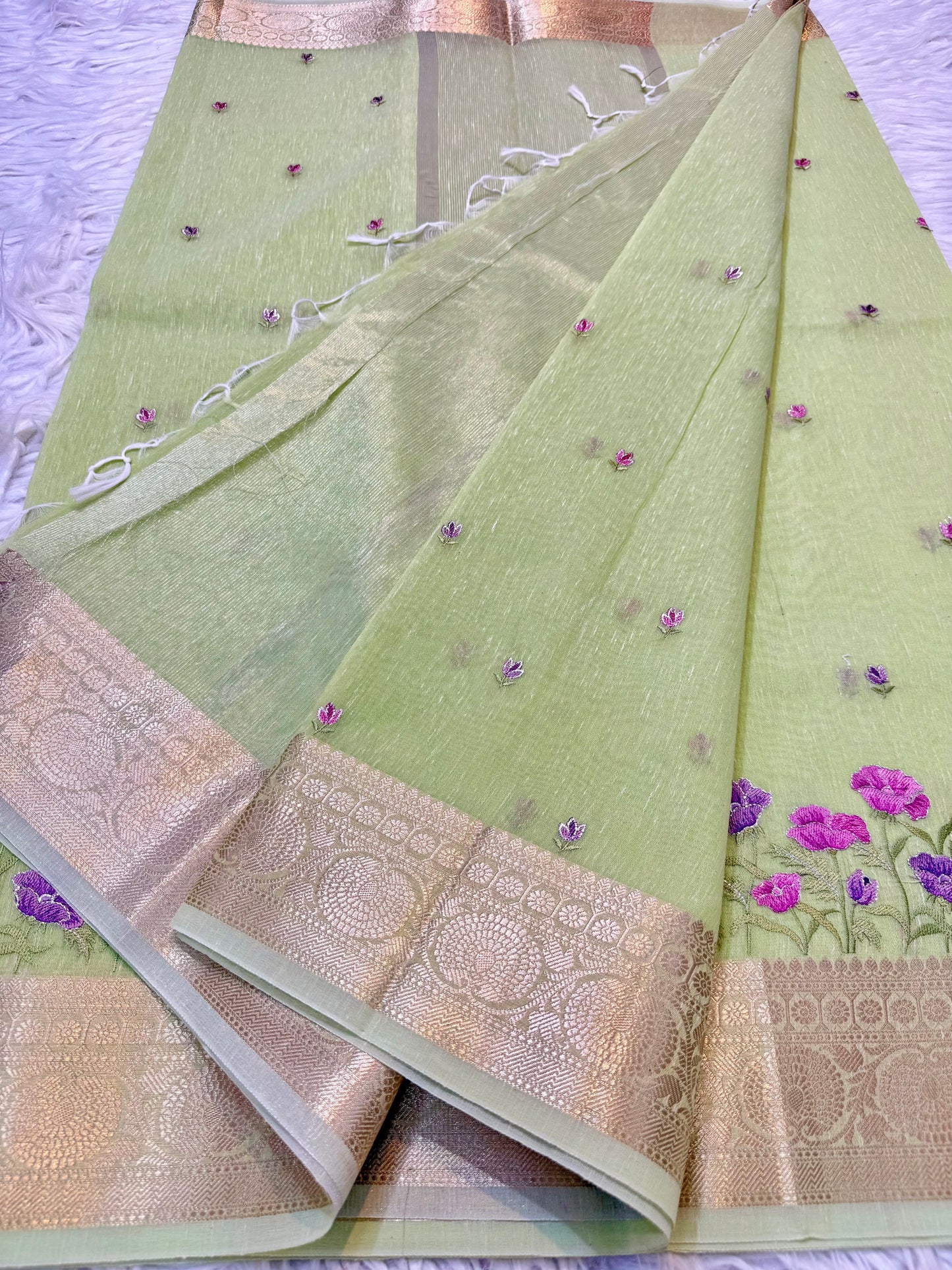 Pista green shade linen embroidery Banarasi saree