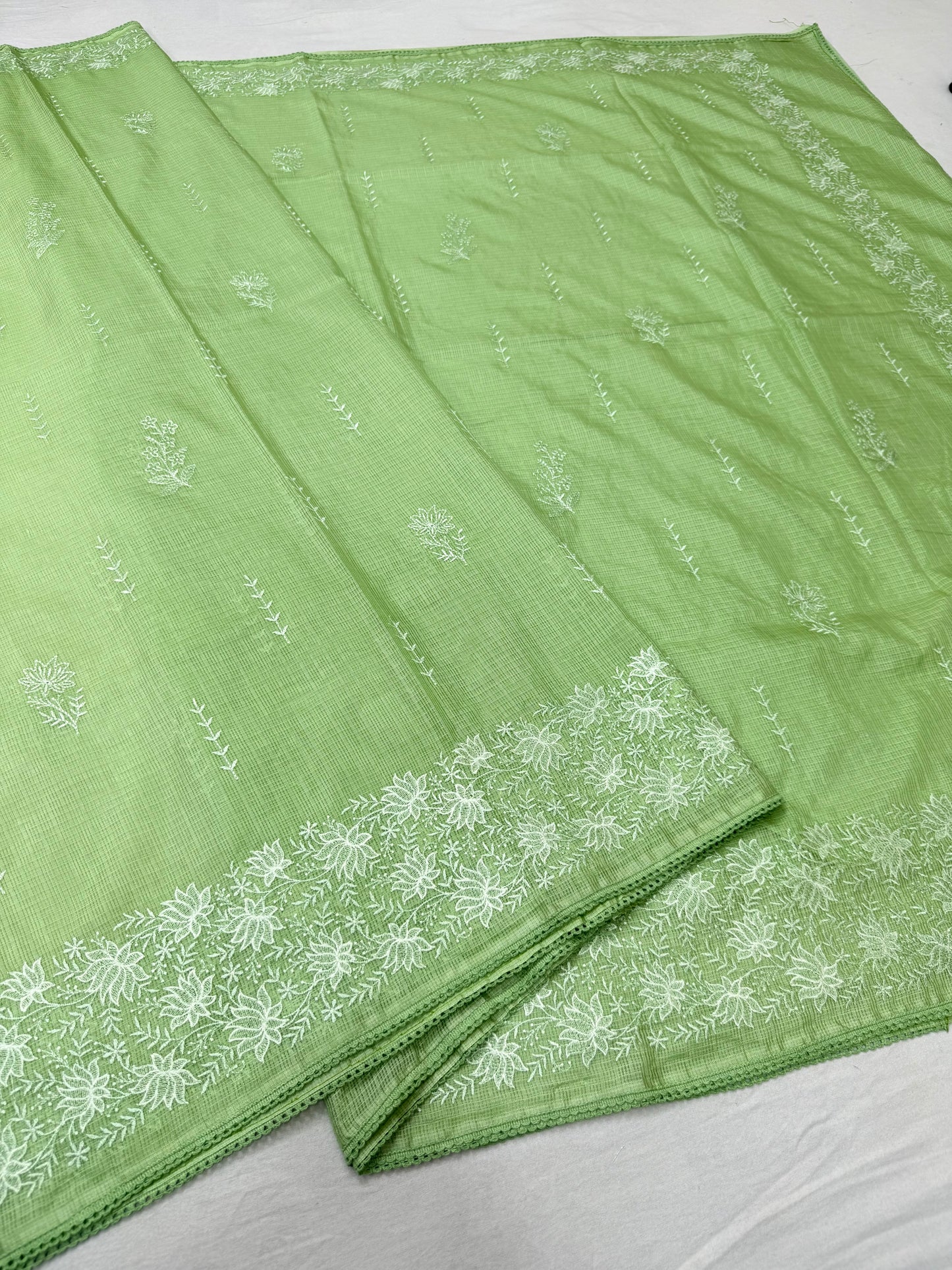 Pista green shade cotton kota chickenkari embroidery Banarasi saree