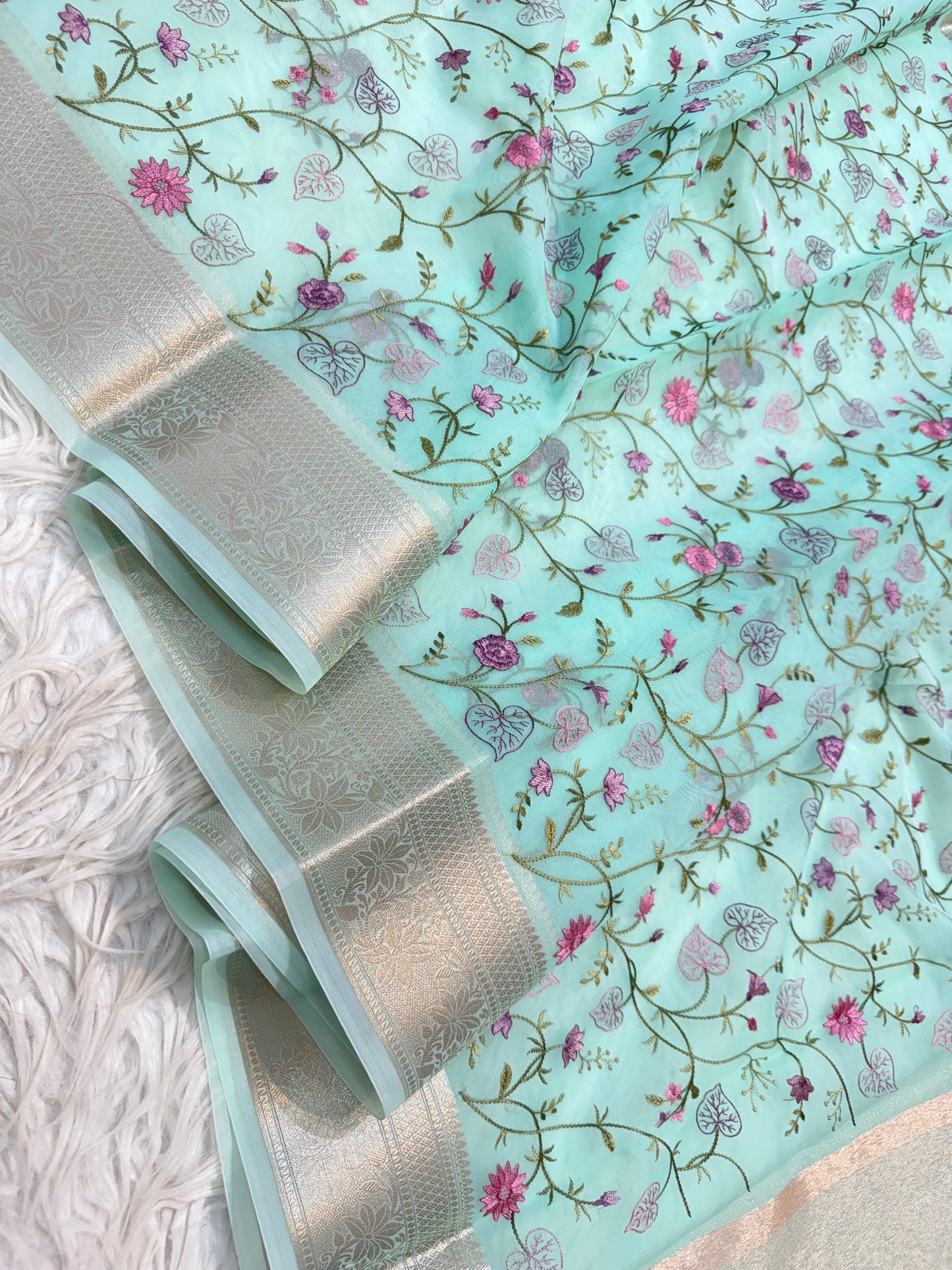 Turquoise shade organza embroidery Banarasi saree