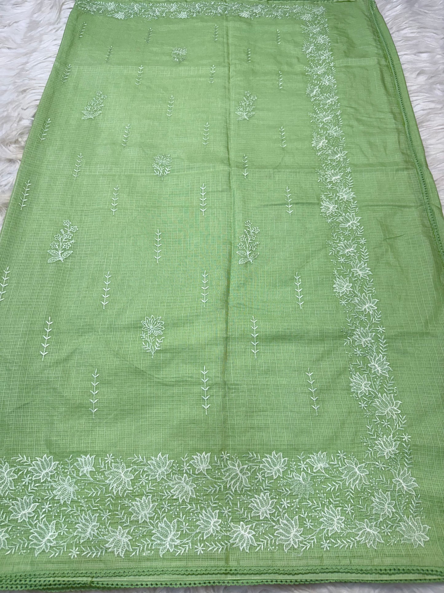 Pista green shade cotton kota chickenkari embroidery Banarasi saree