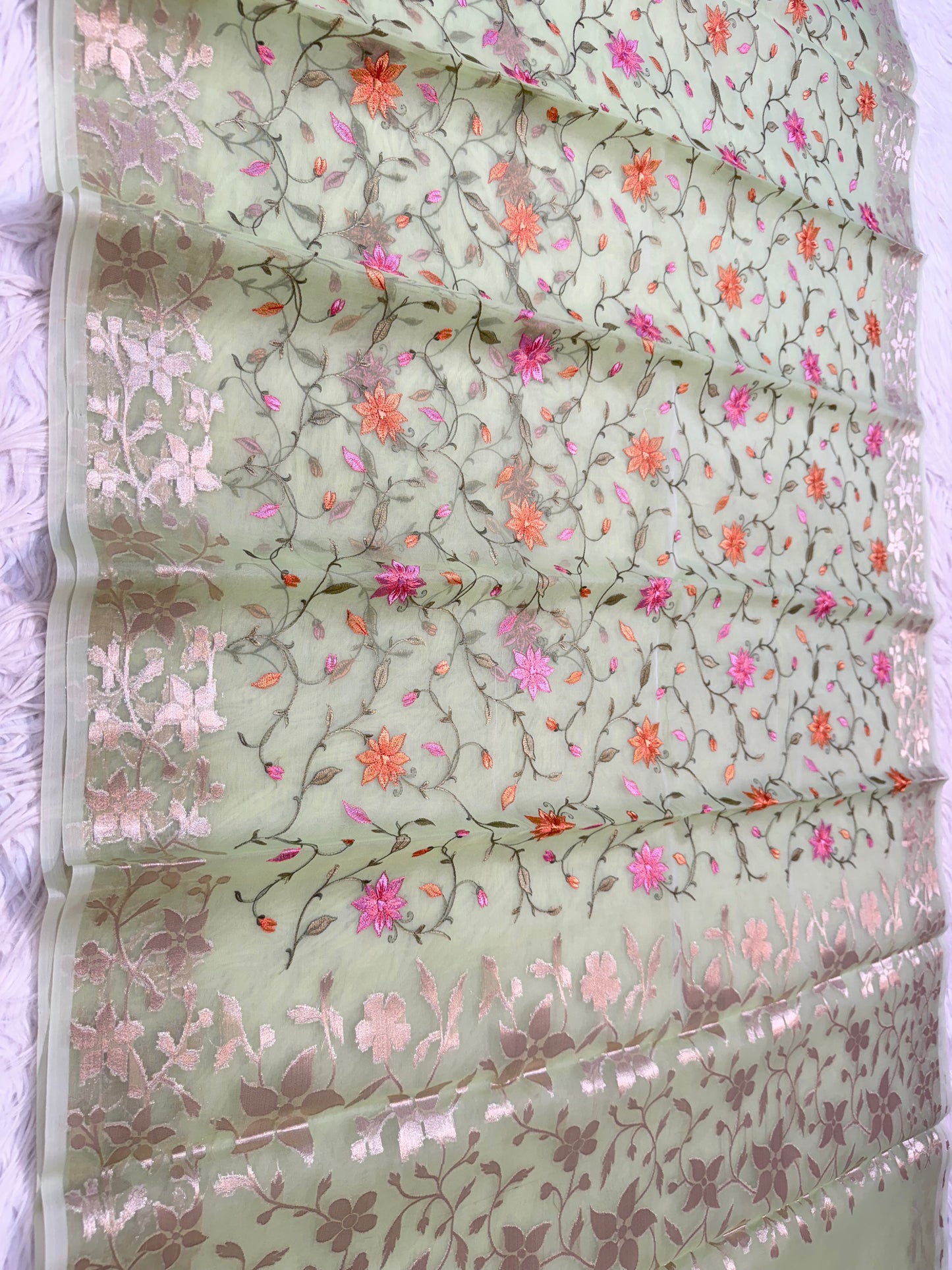 Pista green shade kora organza embroidery Banarasi saree
