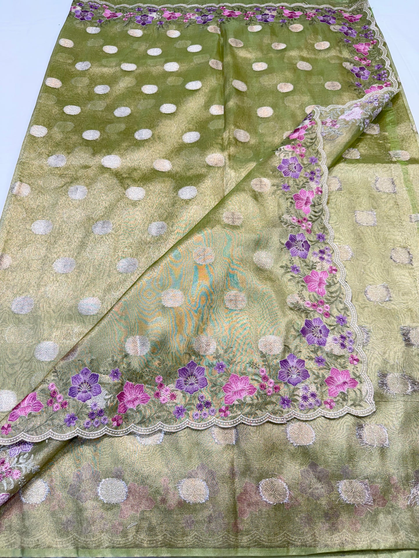 Pista green tissue cutwork embroidery premium designer Banarasi saree