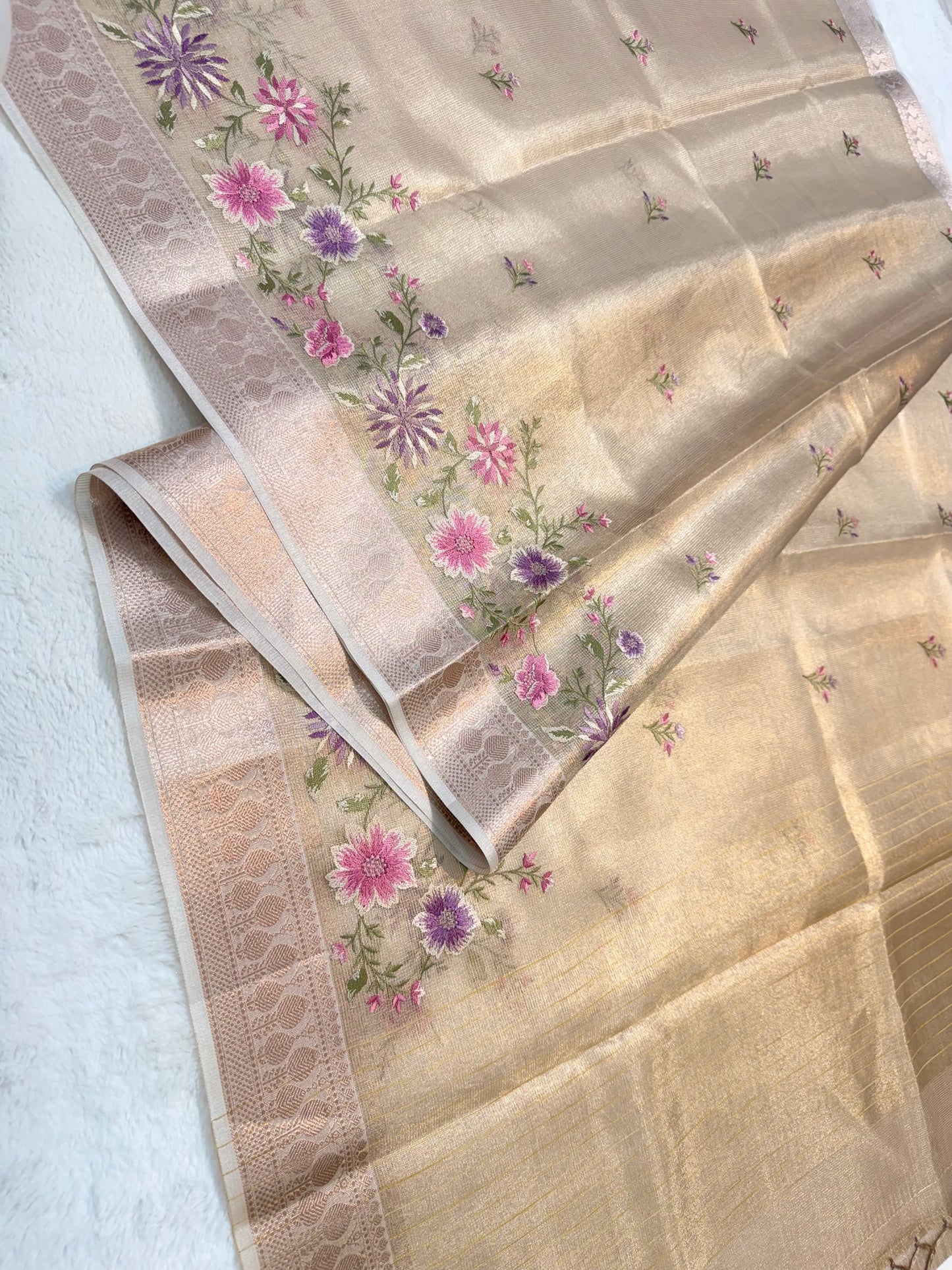 Beige shade tissue kota designer embroidery premium Banarasi saree