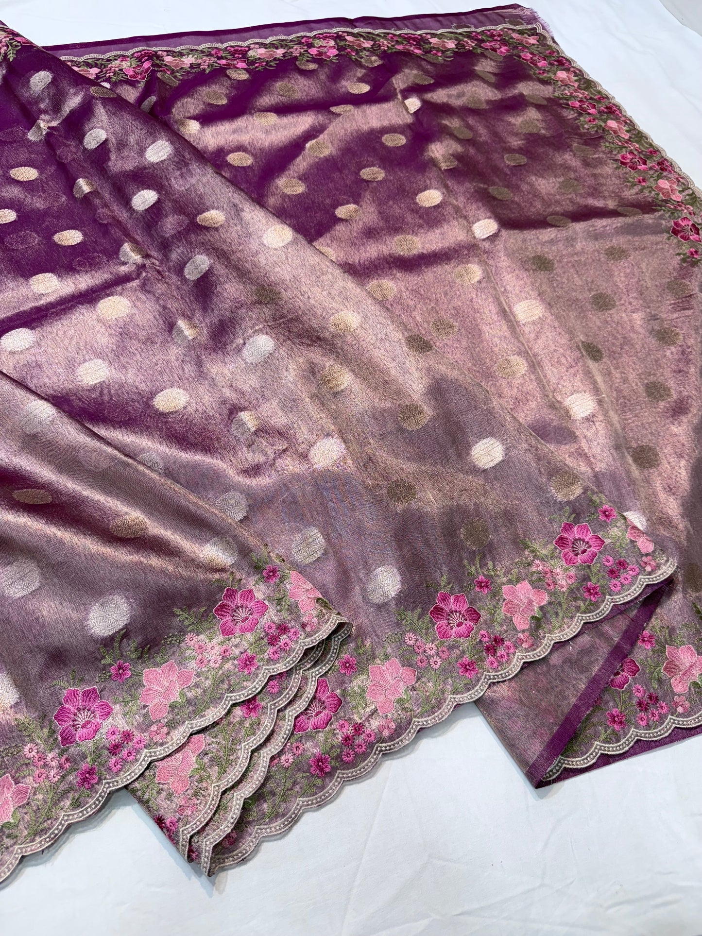 Magenta tissue cutwork embroidery premium designer Banarasi saree