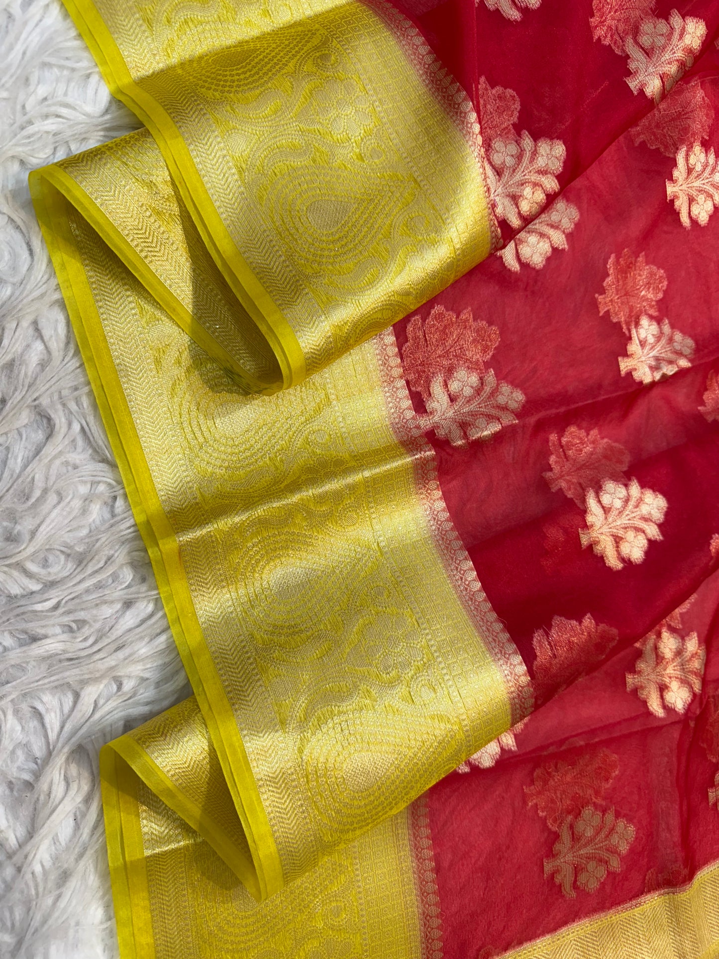 Red yellow warm silk premium Banarasi saree