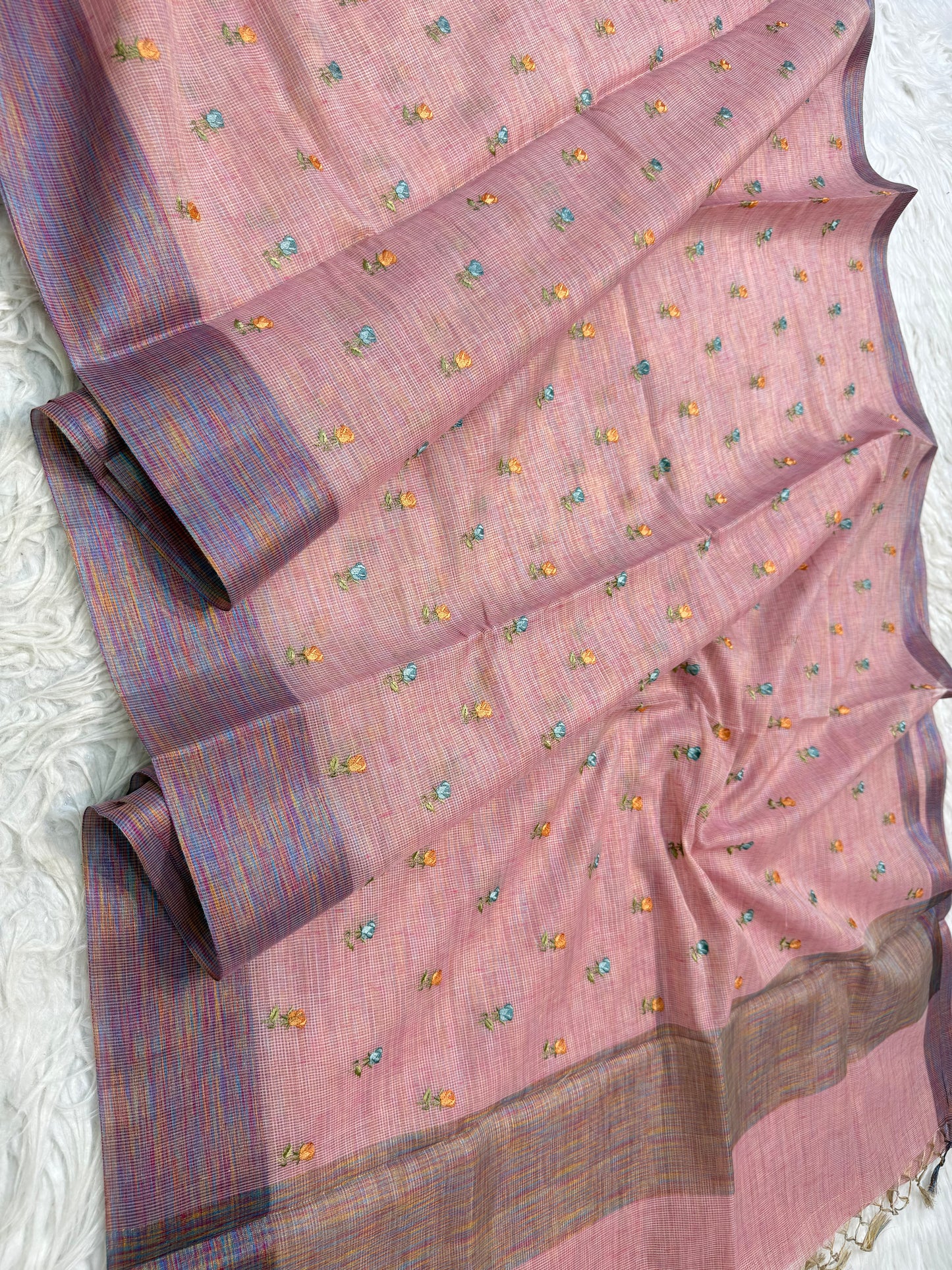 Peach shade linen embroidery Banarasi saree