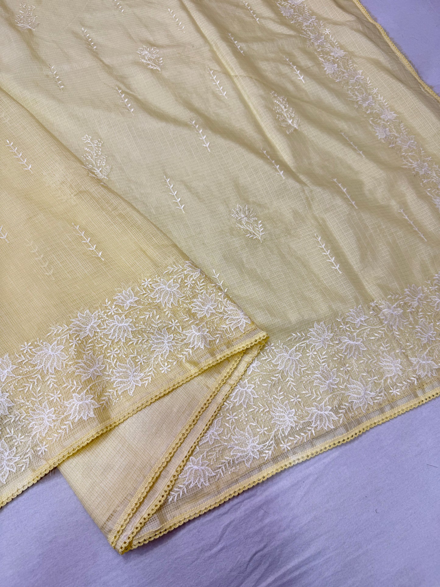 Safety yellow shade cotton kota chickenkari embroidery Banarasi saree