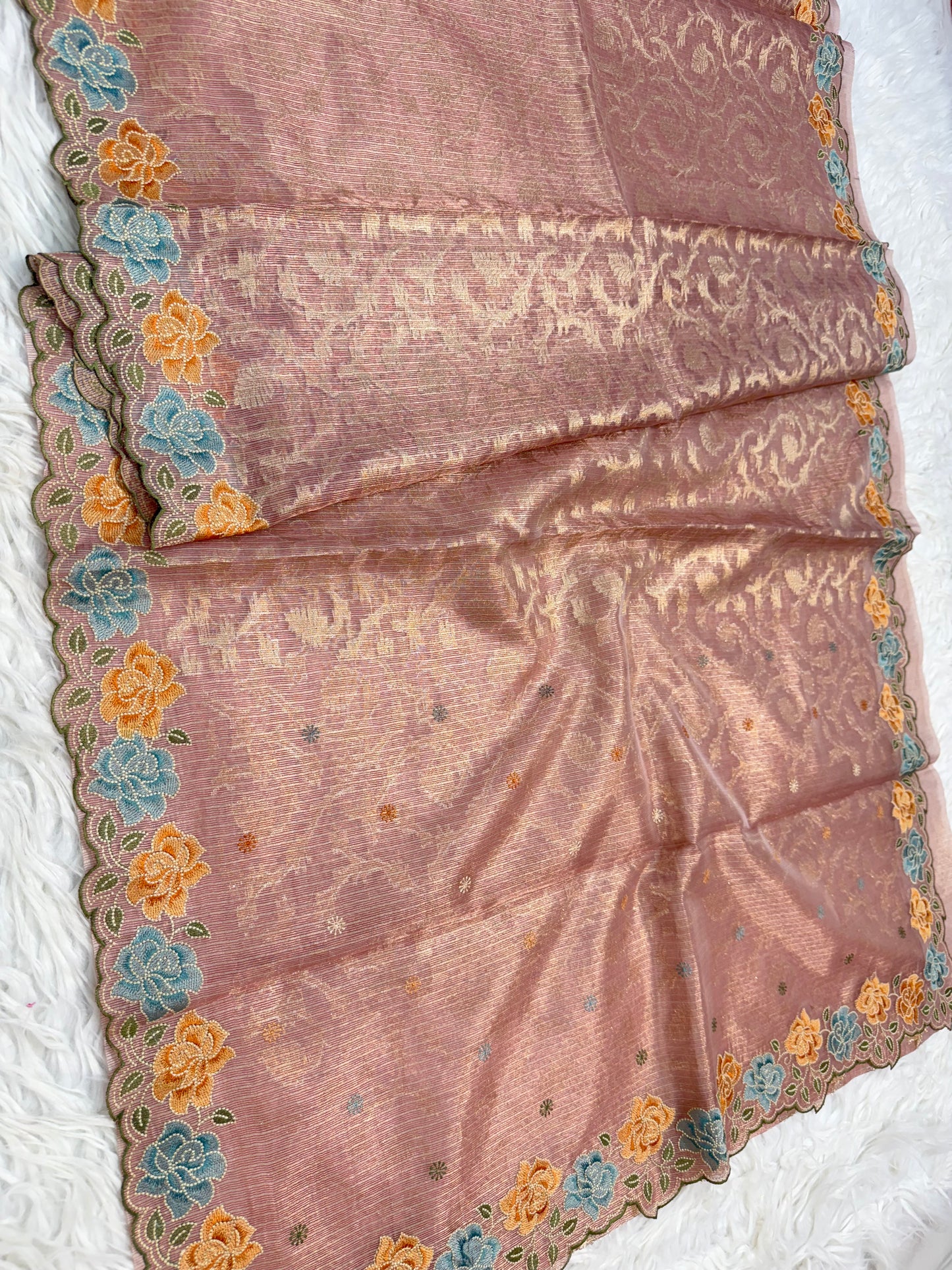 Pink shade tissue kota embroidery primum Banarasi saree