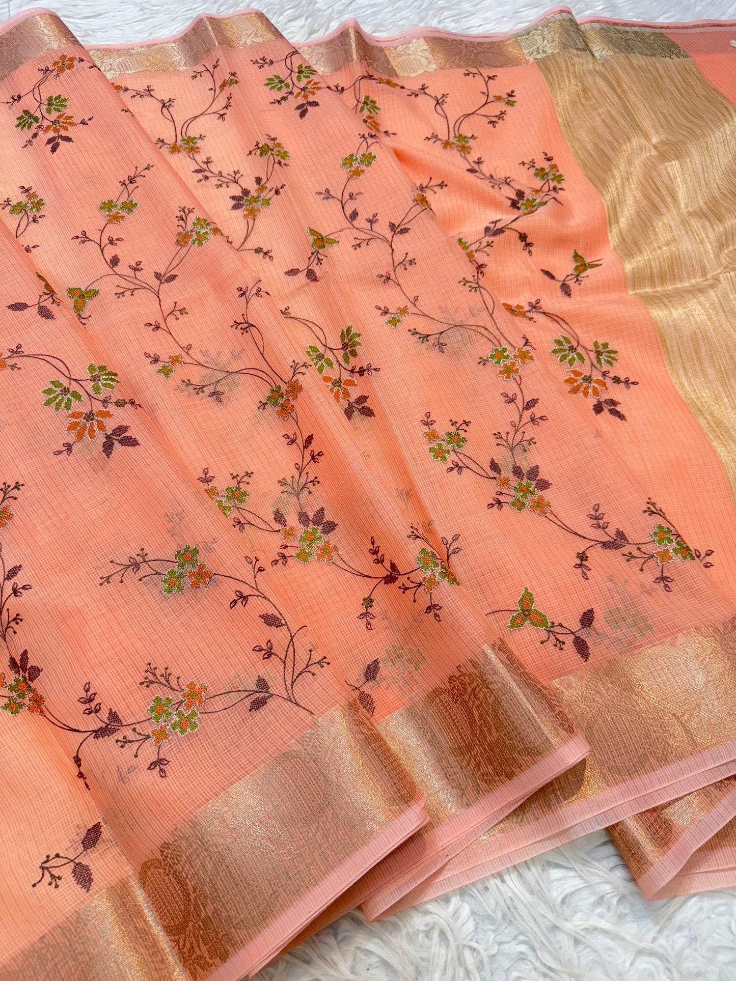 Peach shade kota embroidery Banarasi saree