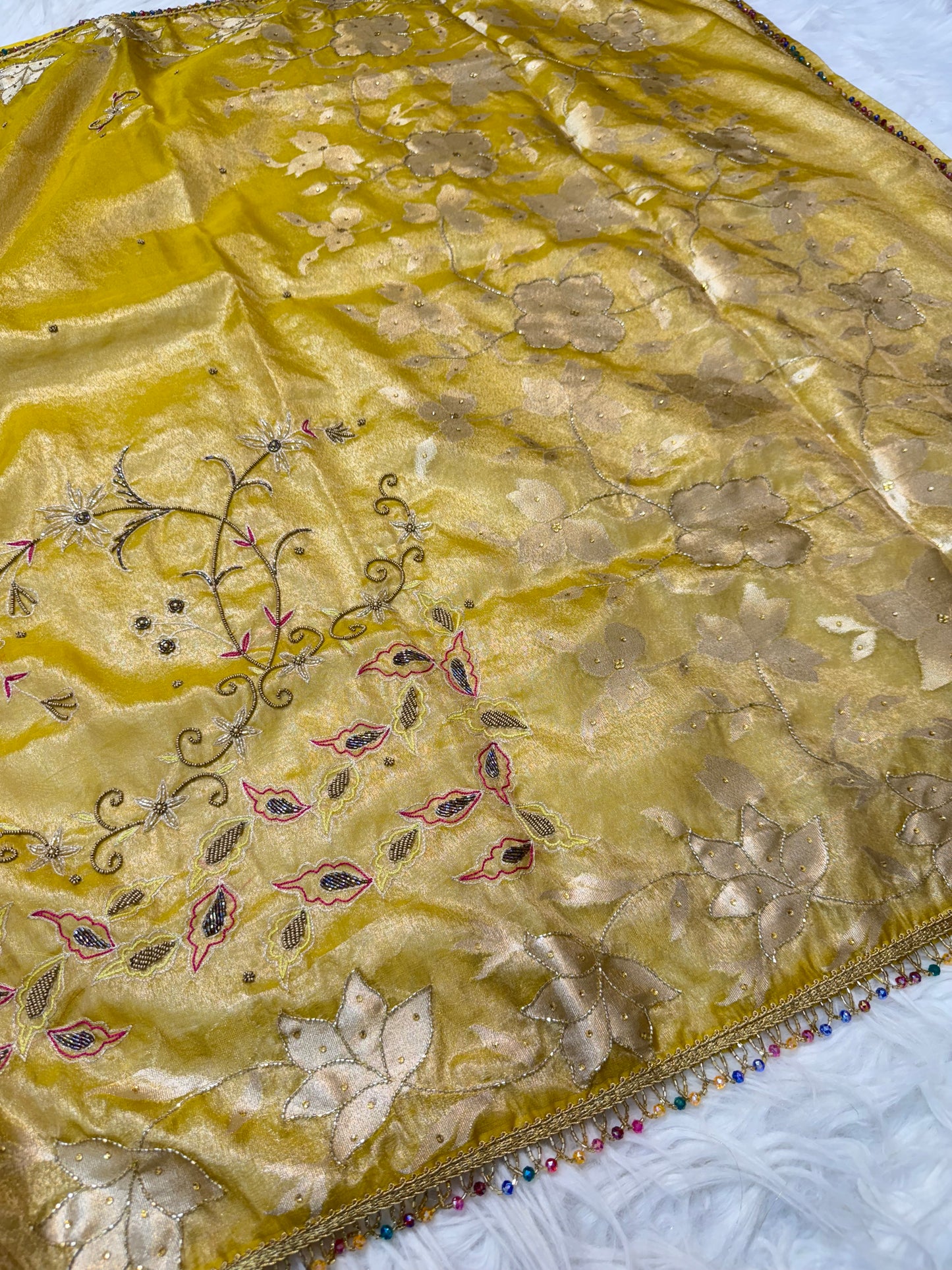 Yellow shade tissue ari & zardosi work designer premium Banarasi saree