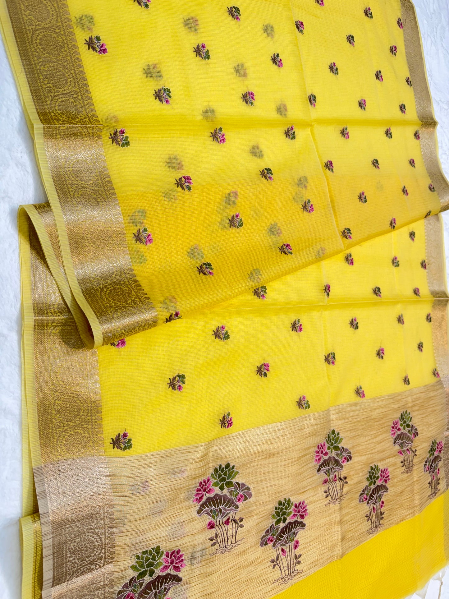 Yellow shade cotton kota embroidery Banarasi saree