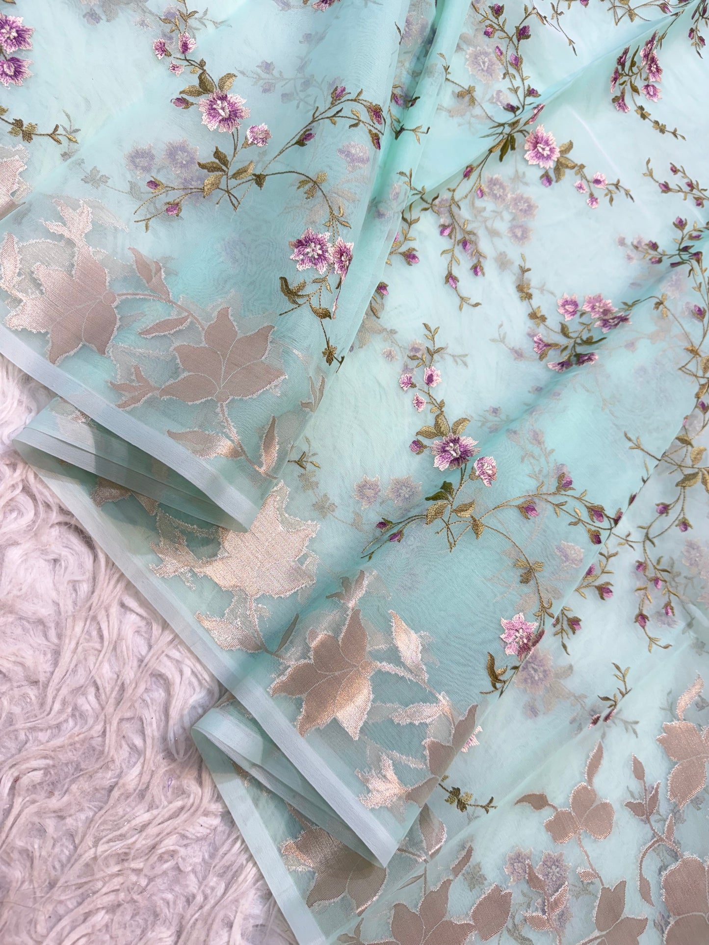 Turquoise shade kora organza embroidery Banarasi saree