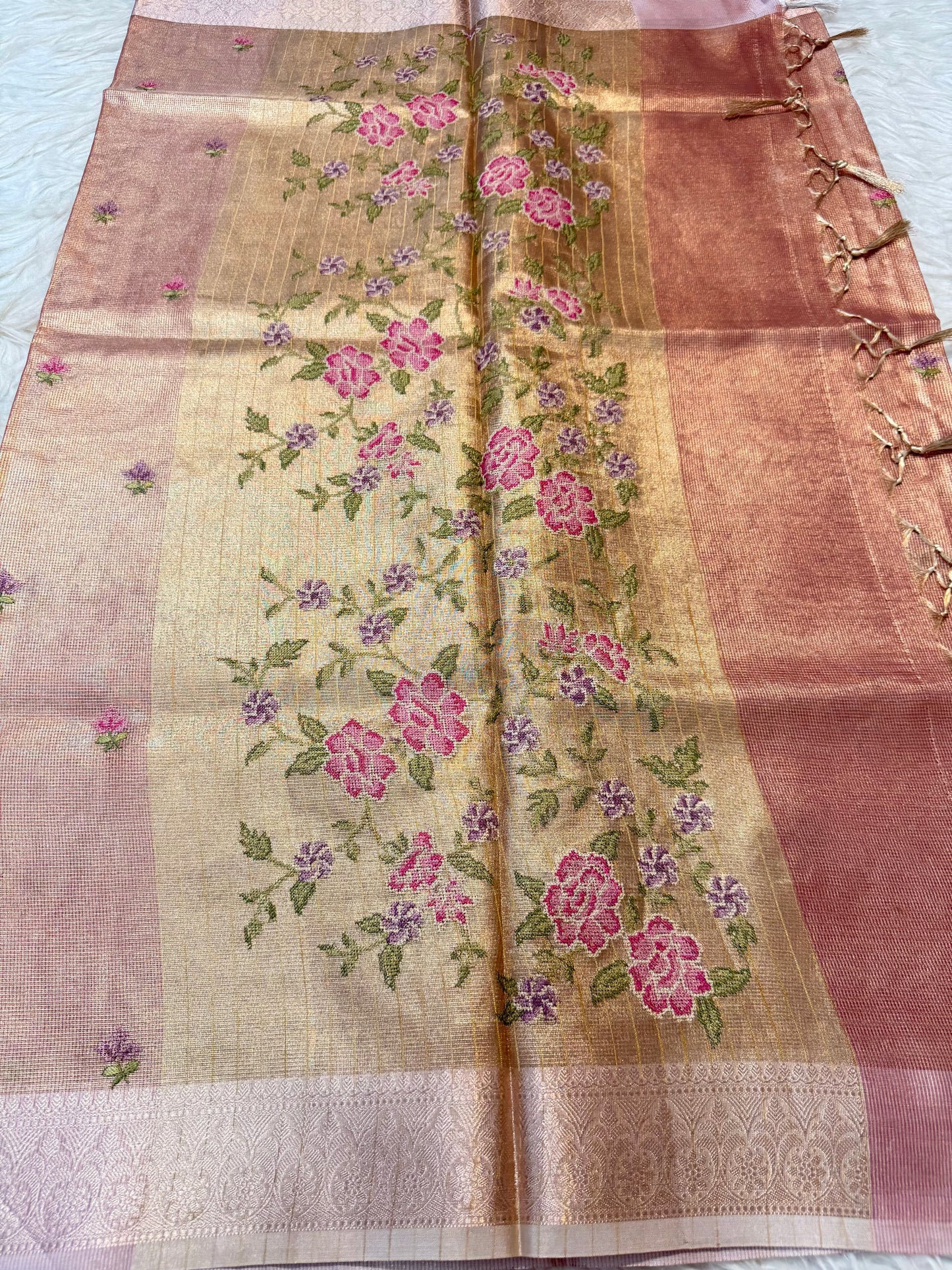 Peach shade tissue kota embroidery primum Banarasi saree