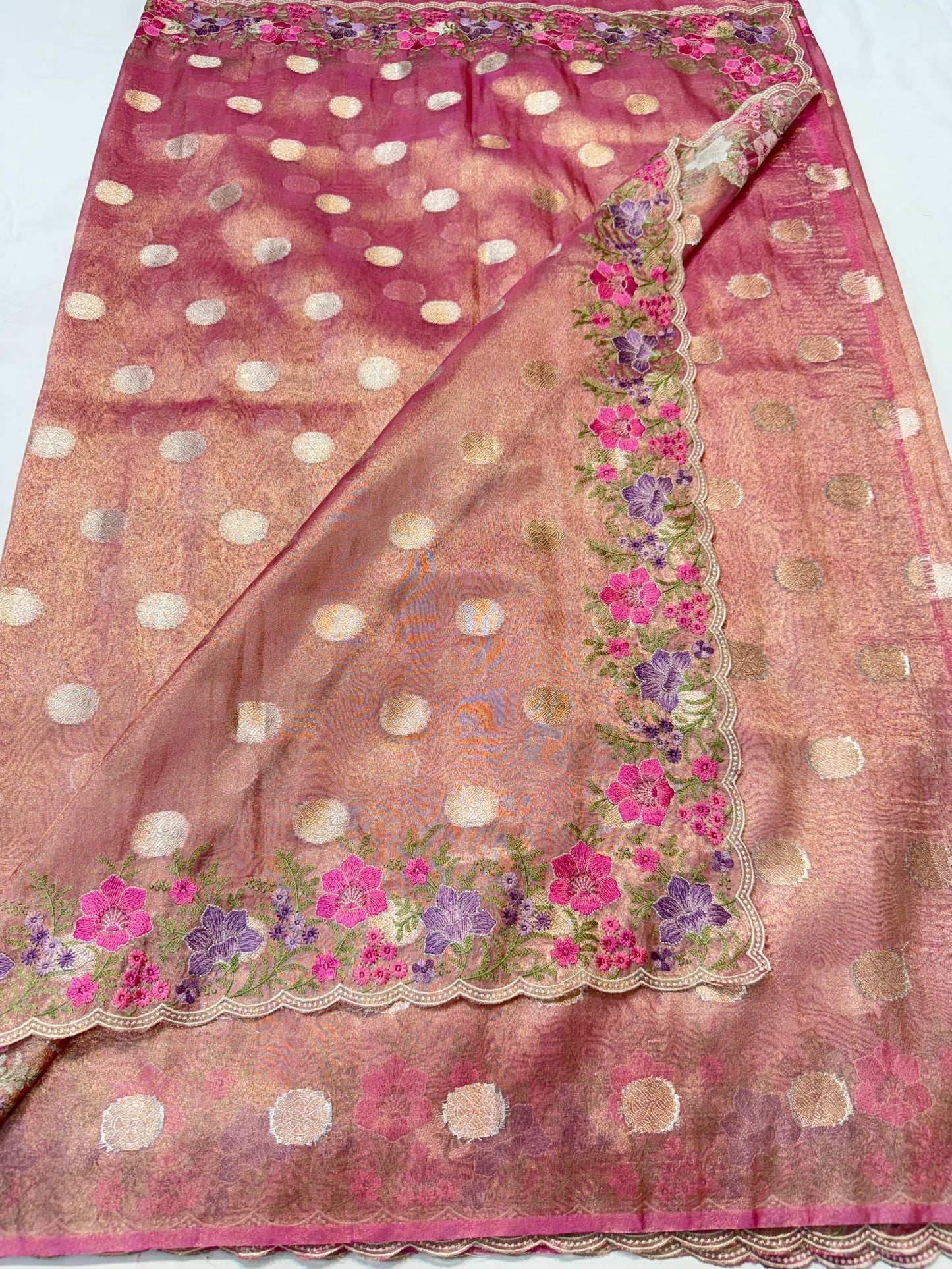 Pink tissue cutwork embroidery premium designer Banarasi saree