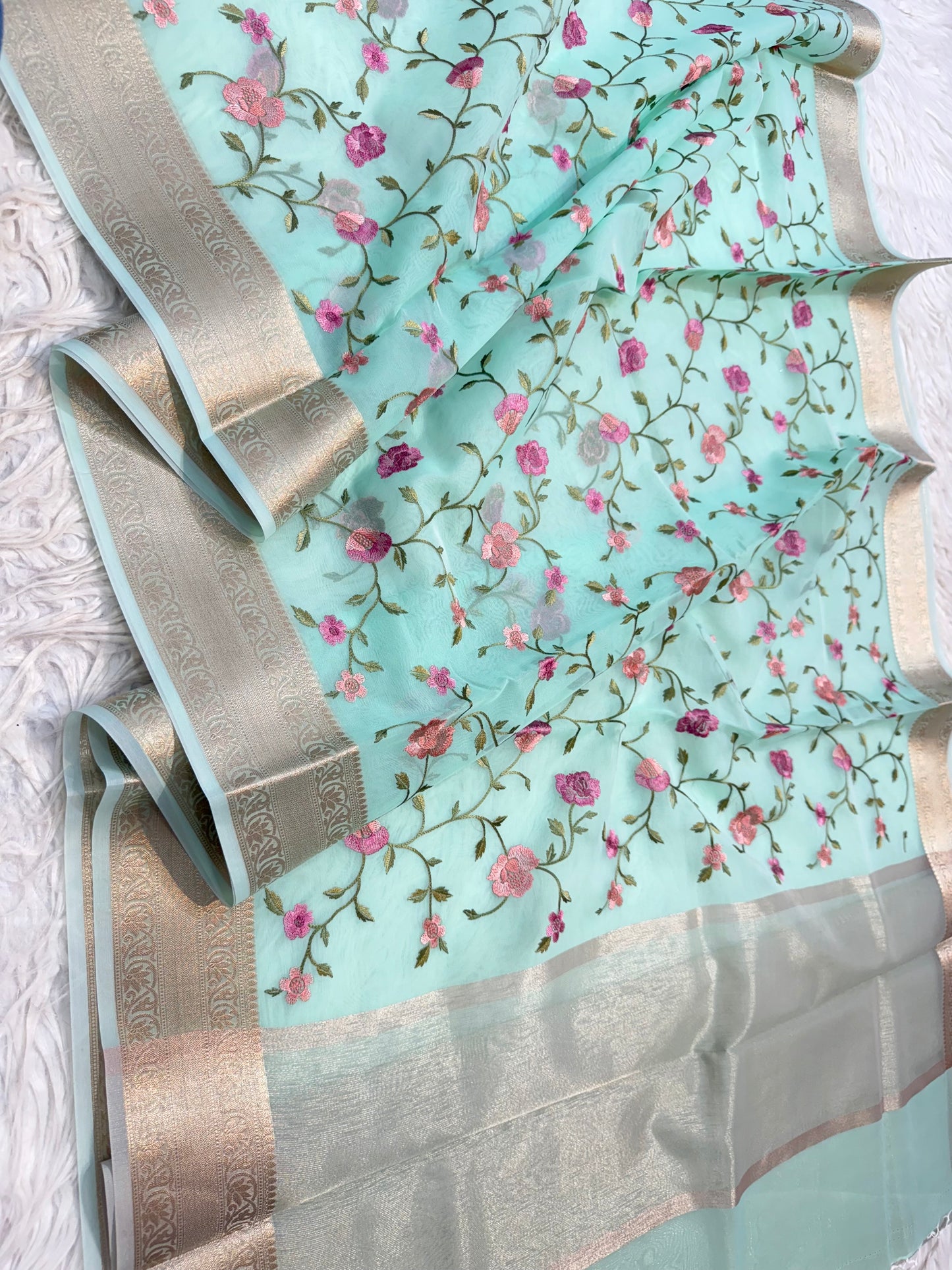 Turquoise shade organza embroidery Banarasi saree