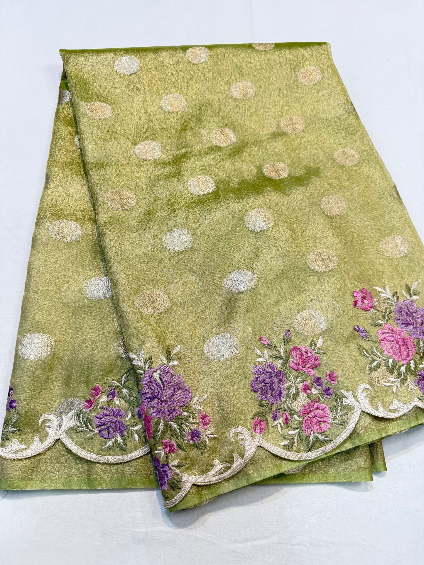 Pista green tissue cutwork embroidery premium designer Banarasi saree