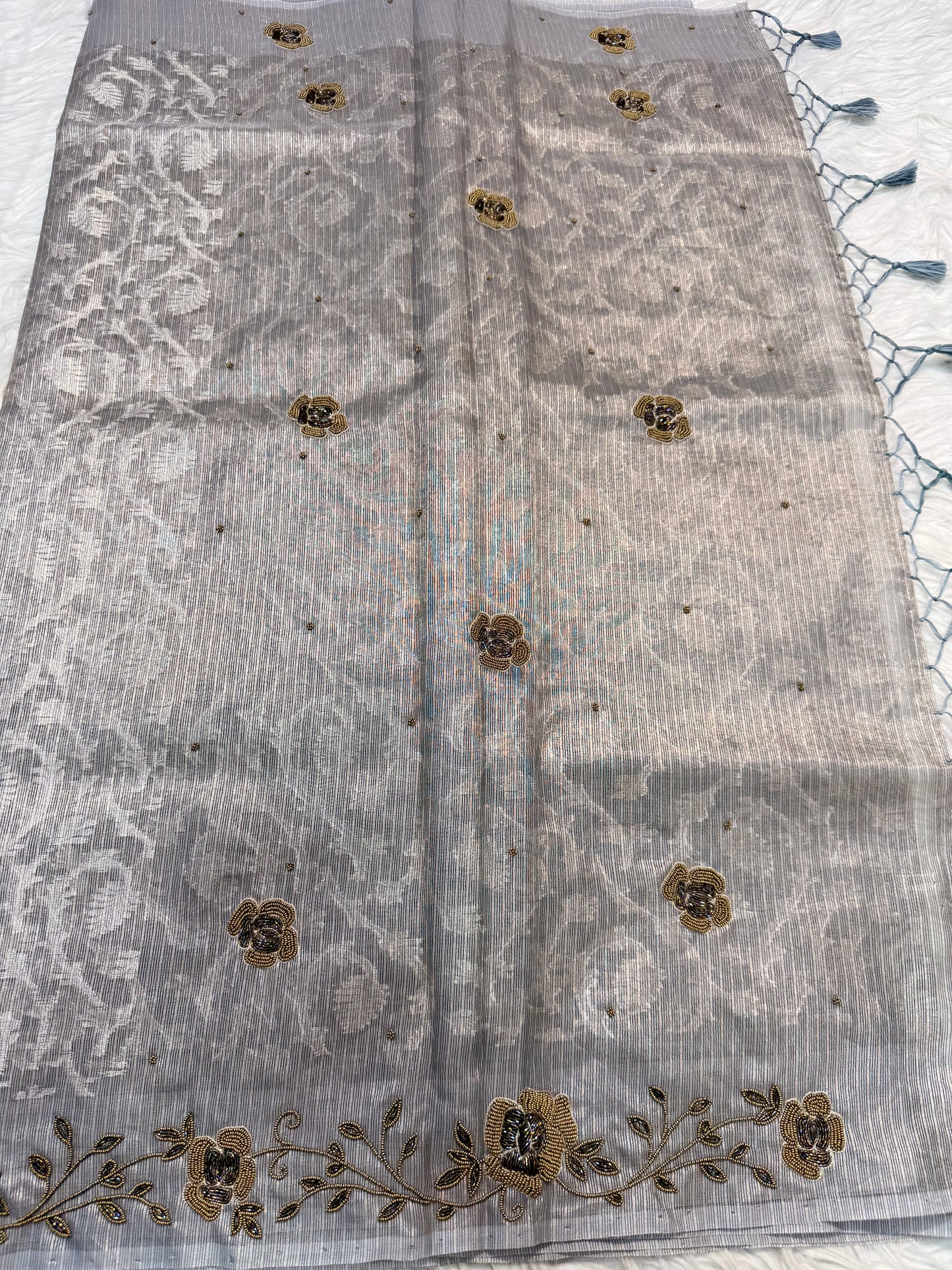 Grey shade tissue kota zardosi work Banarasi saree