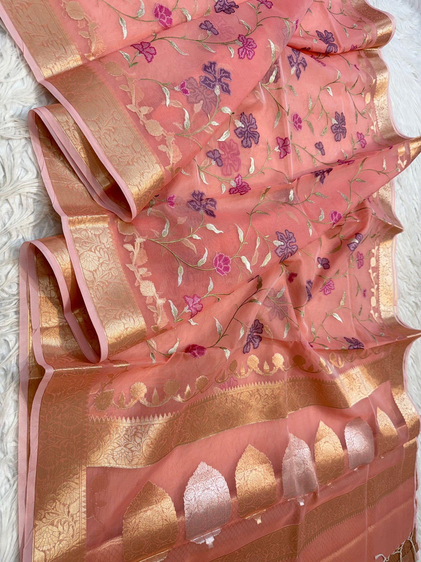 Peach shade kora organza embroidery Banarasi saree