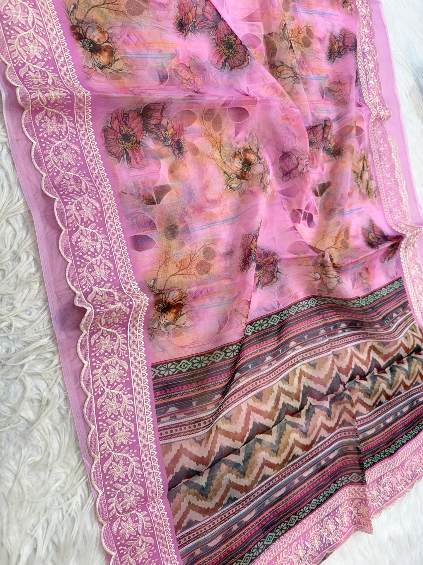 Pink multi shade kora organza digital print embroidery Banarasi saree