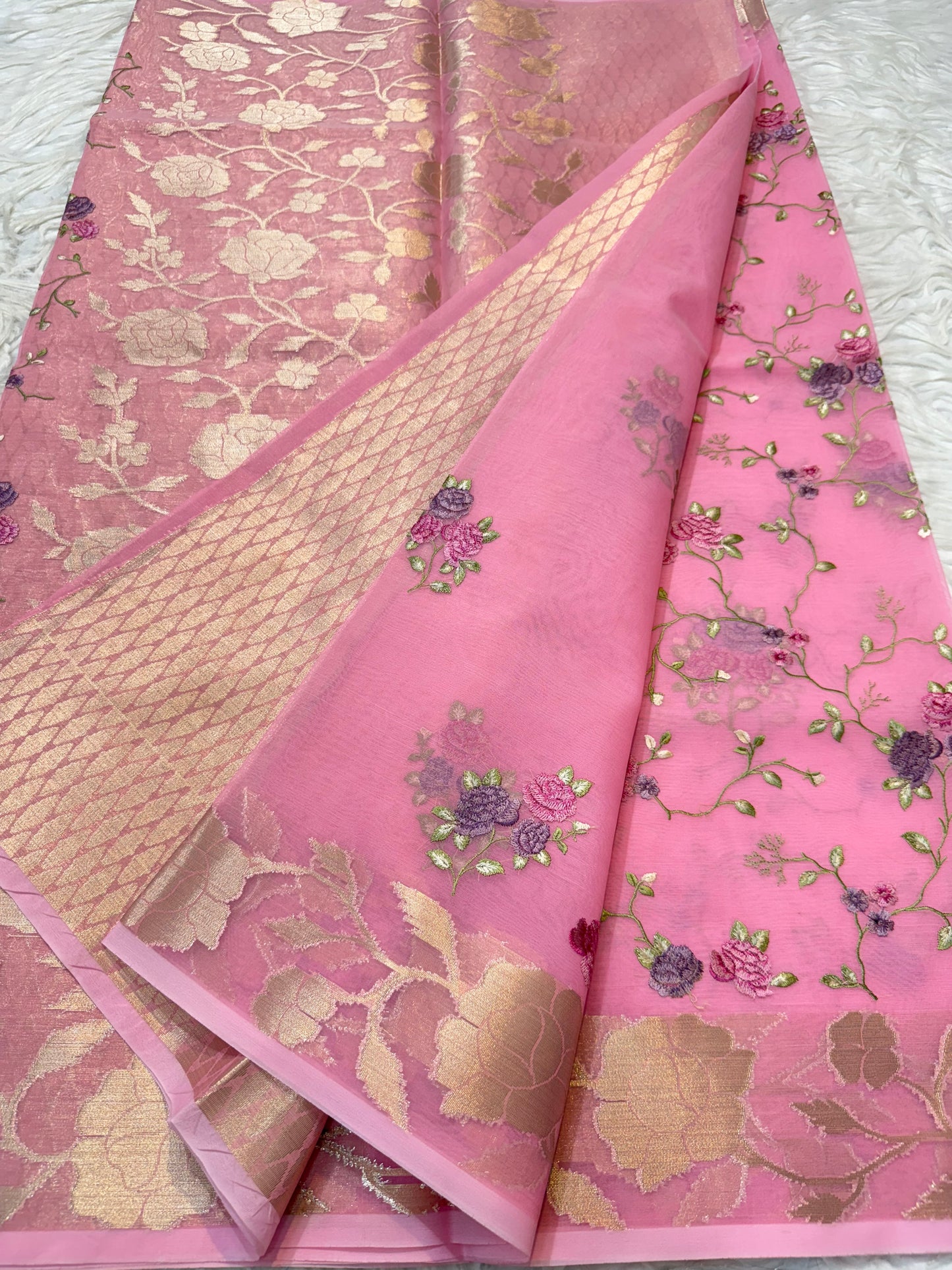 Pink shade kora organza embroidery Banarasi saree