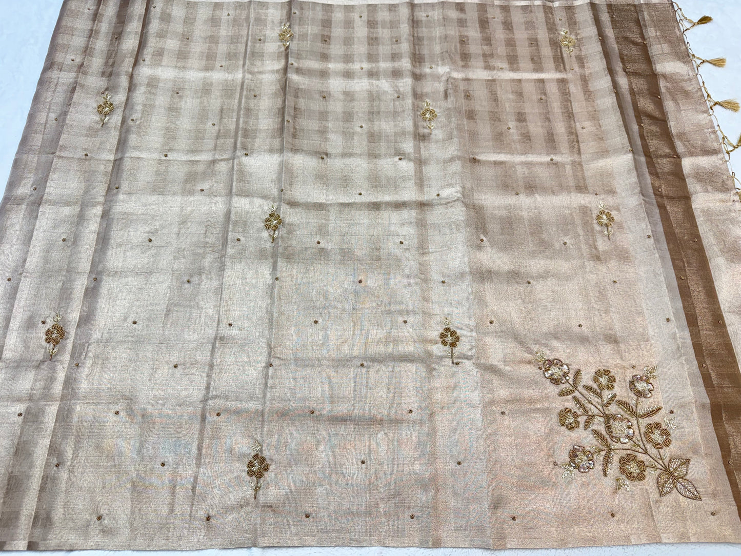 Beige shade tissue kota designer hand work Banarasi saree