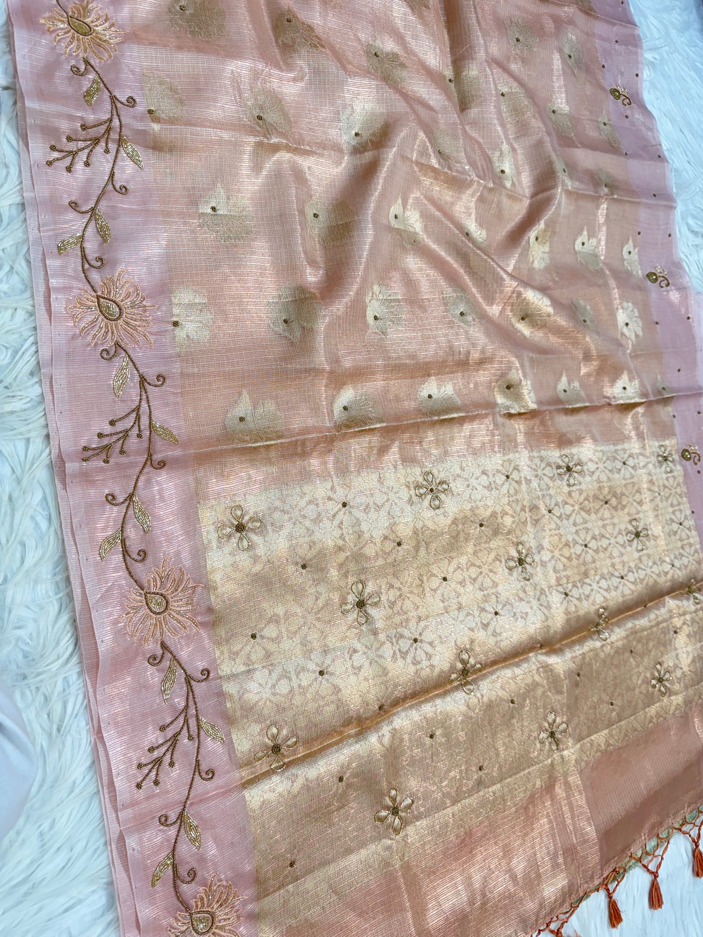 Peach shade tissue kota designer handwork premium Banarasi saree