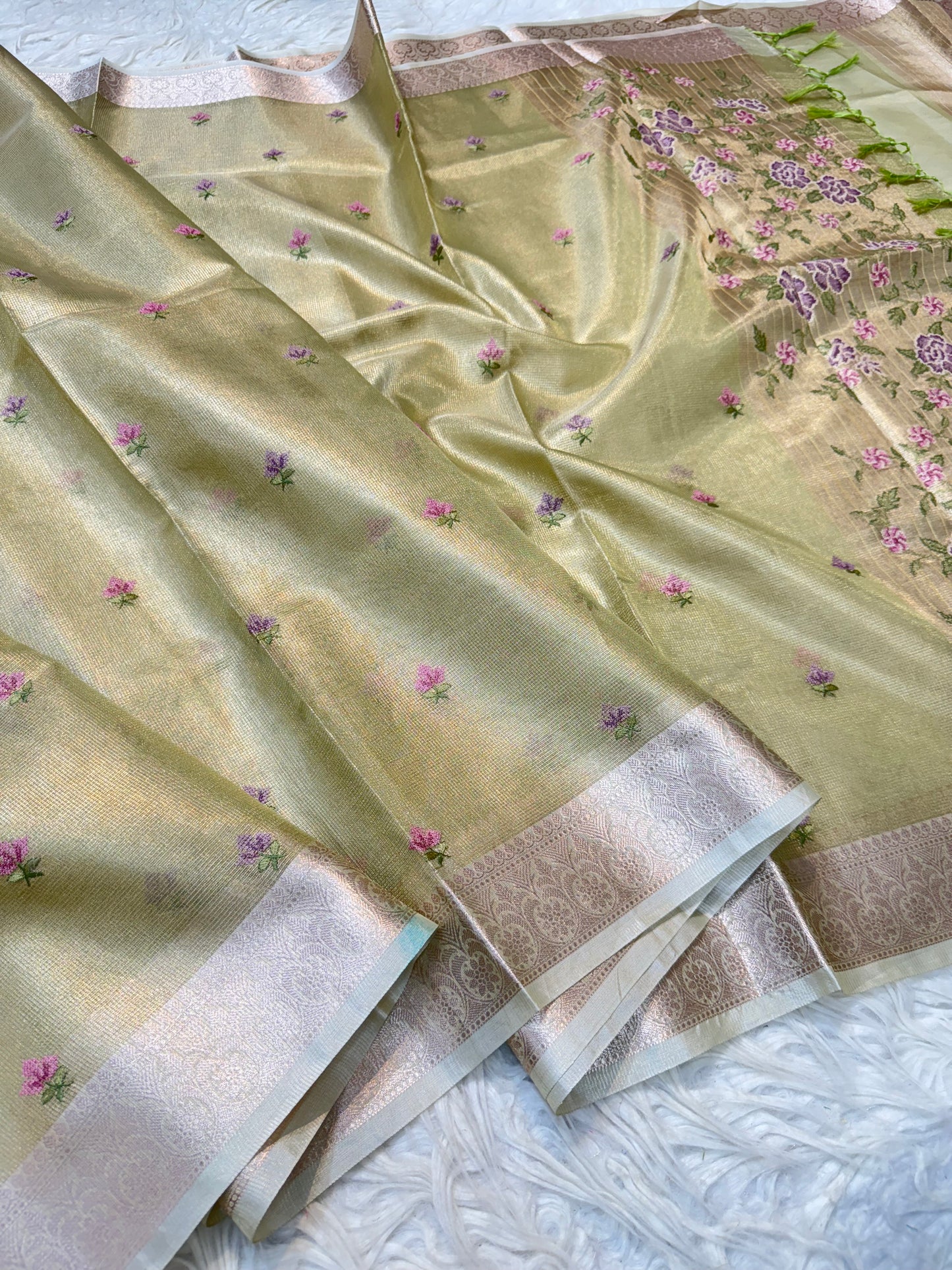Pista green shade tissue kota embroidery primum Banarasi saree