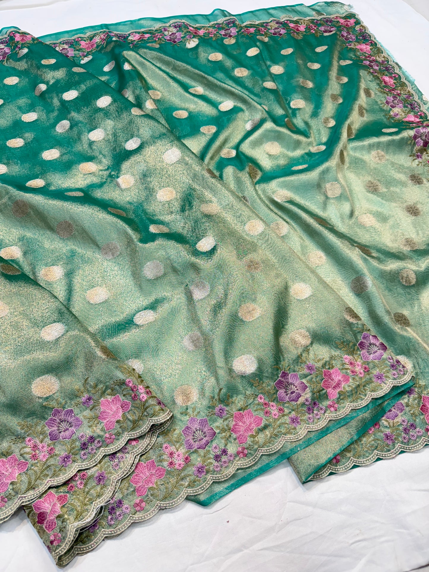 Sea green tissue cutwork embroidery premium designer Banarasi saree