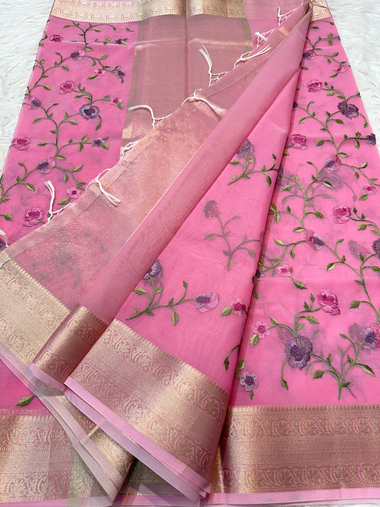 Pink organza embroidery Banarasi saree
