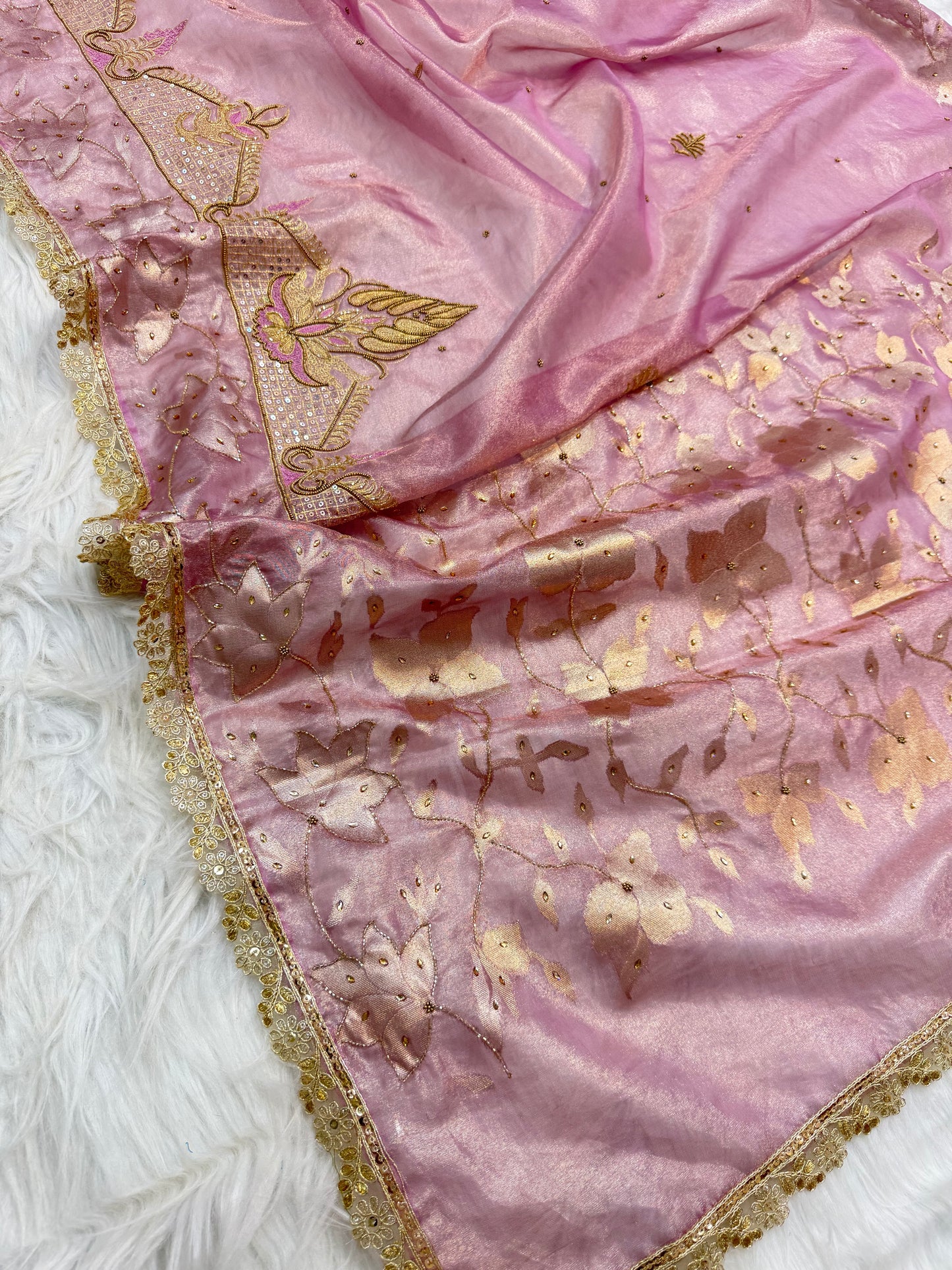Pink shade tissue ari & zardosi work designer premium Banarasi saree