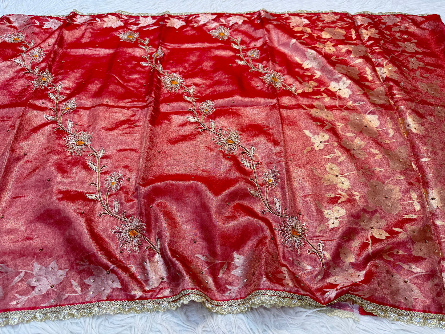 Red shade tissue ari & zardosi work designer premium Banarasi saree