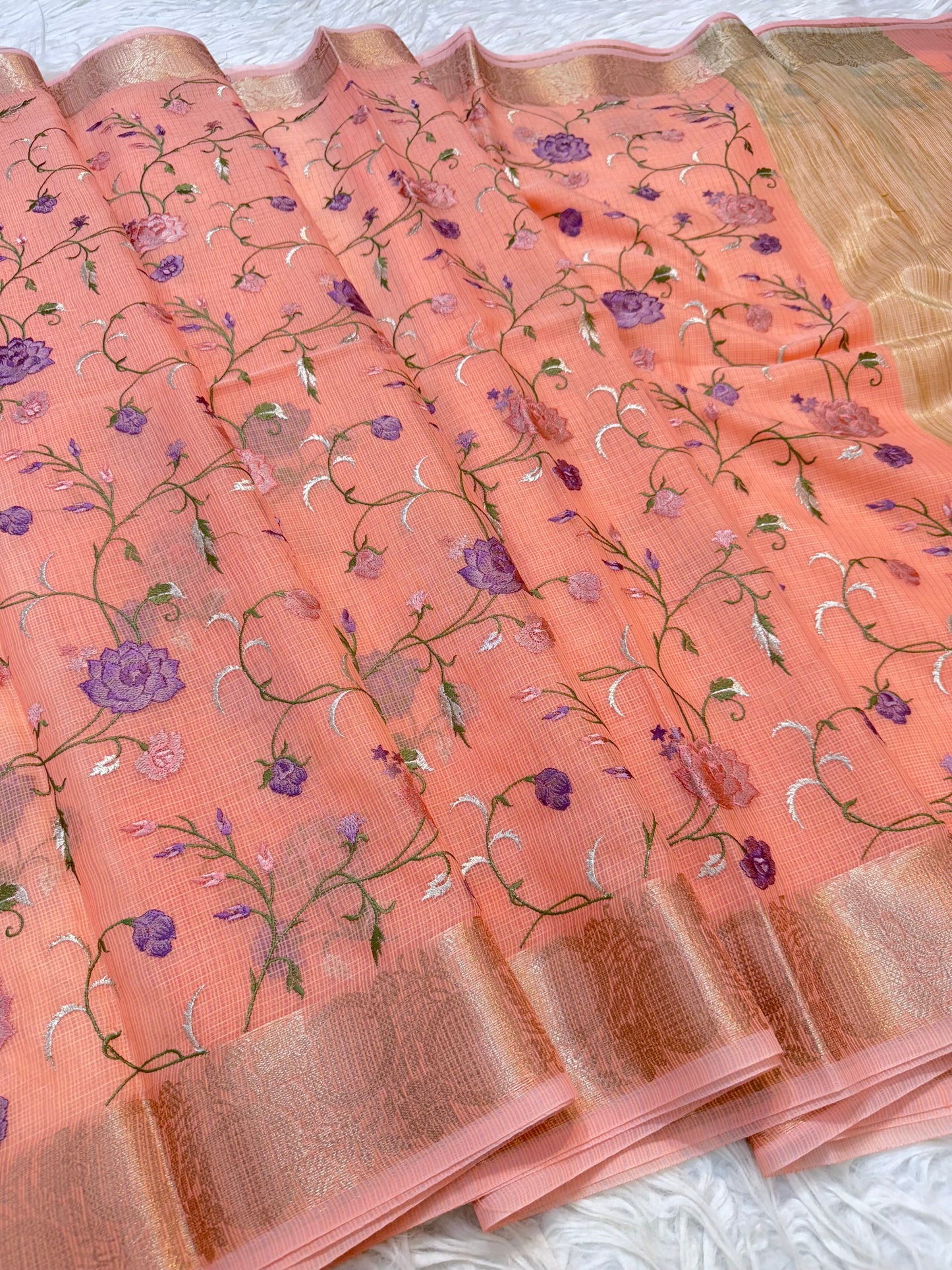 Peach shade kota embroidery Banarasi saree
