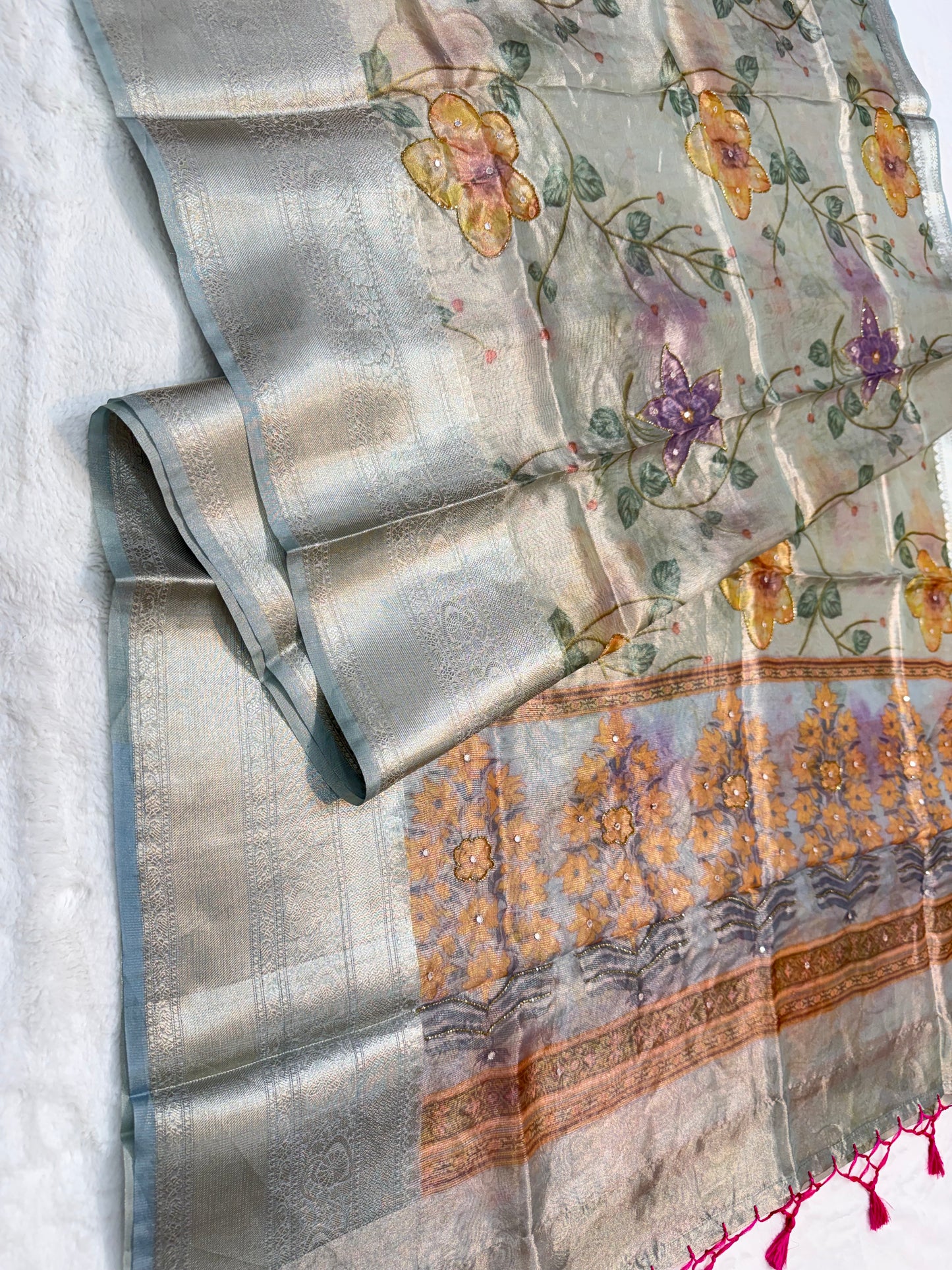 multicolour tissue silk digital print handwork premium Banarasi saree