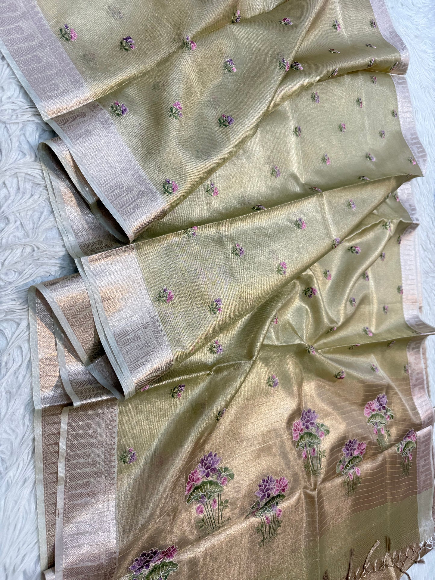 Pista green shade tissue kota embroidery primum Banarasi saree
