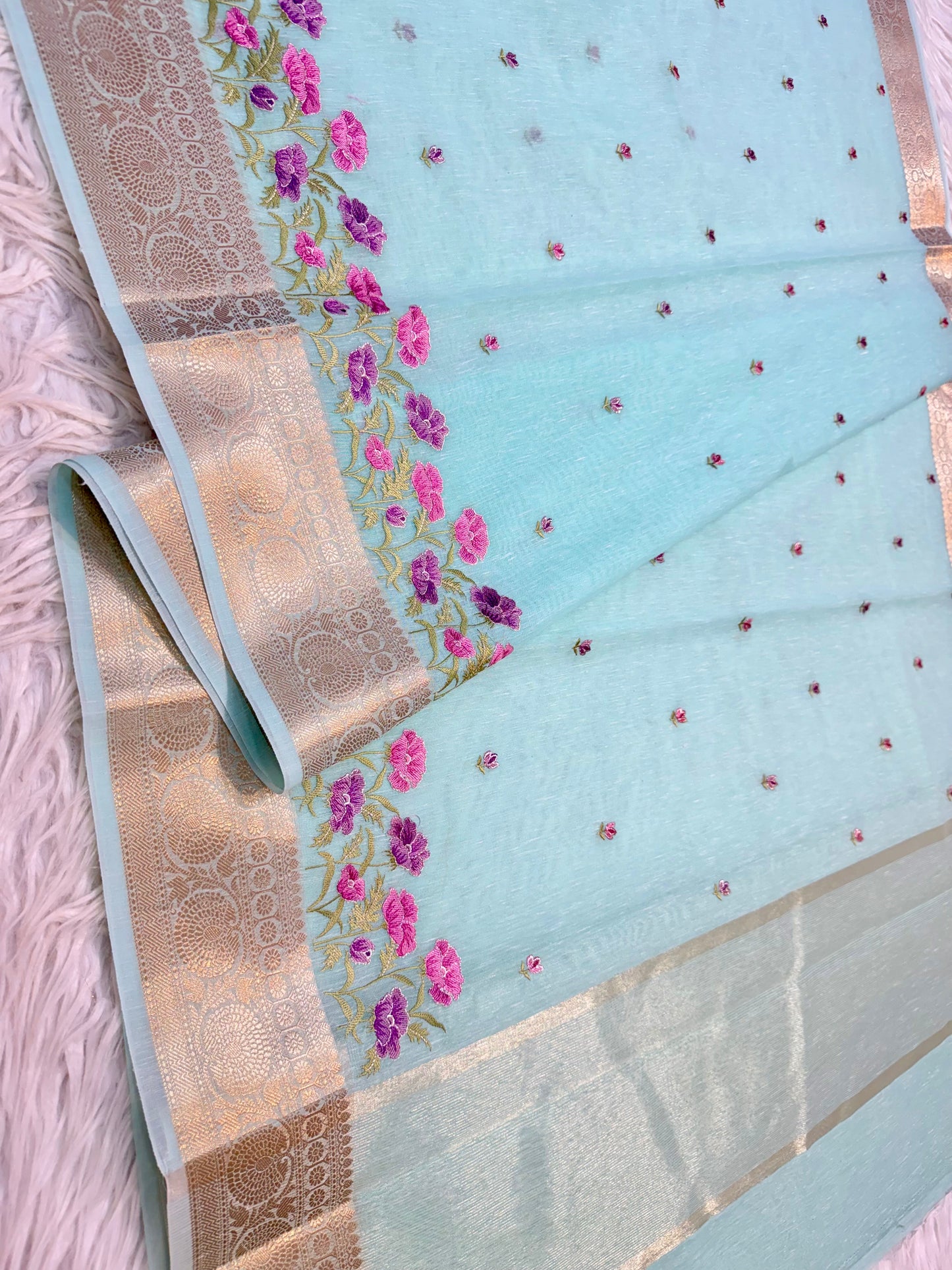 Turquoise shade linen embroidery Banarasi saree