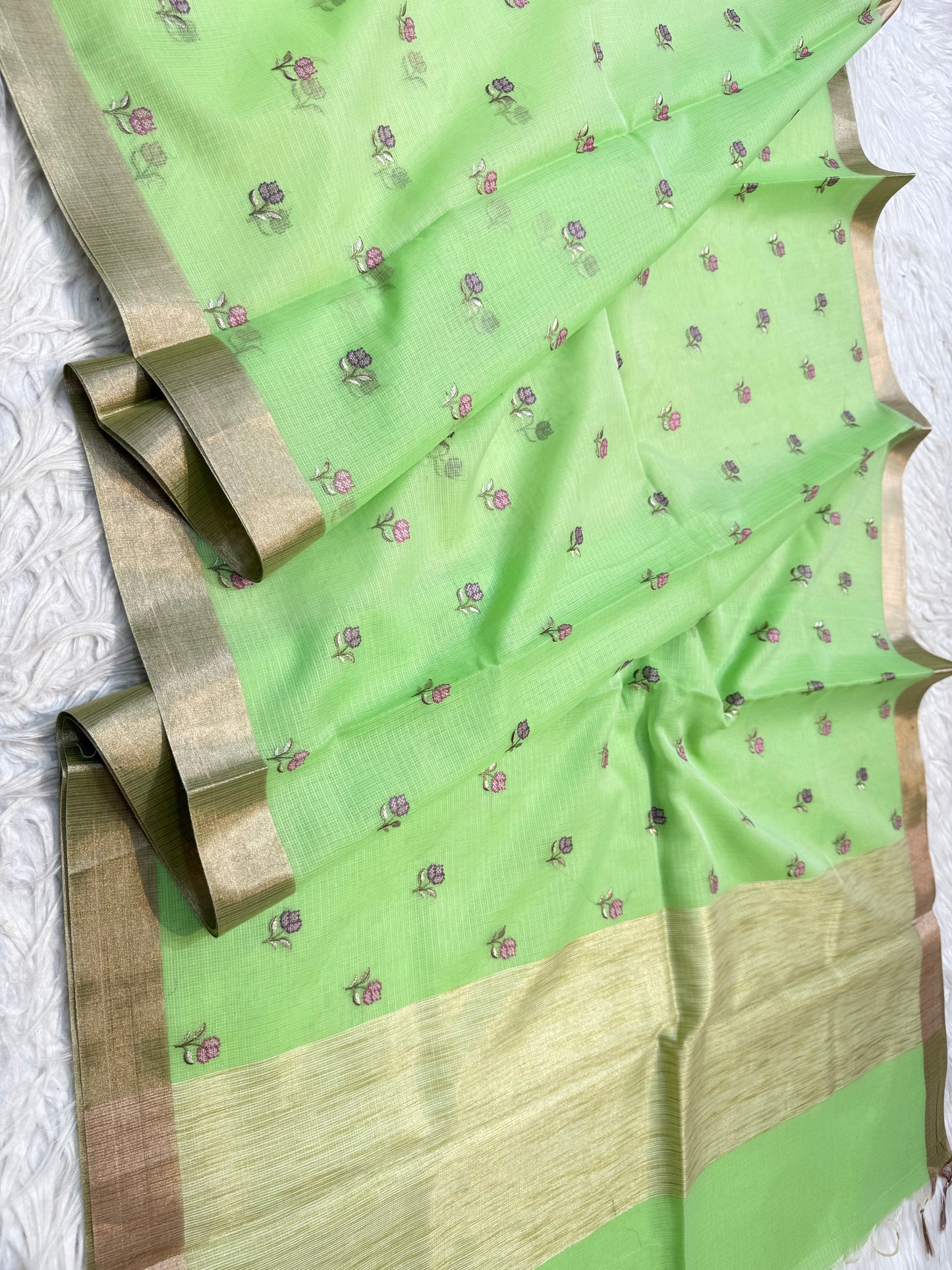 Pista green shade cotton kota embroidery Banarasi saree