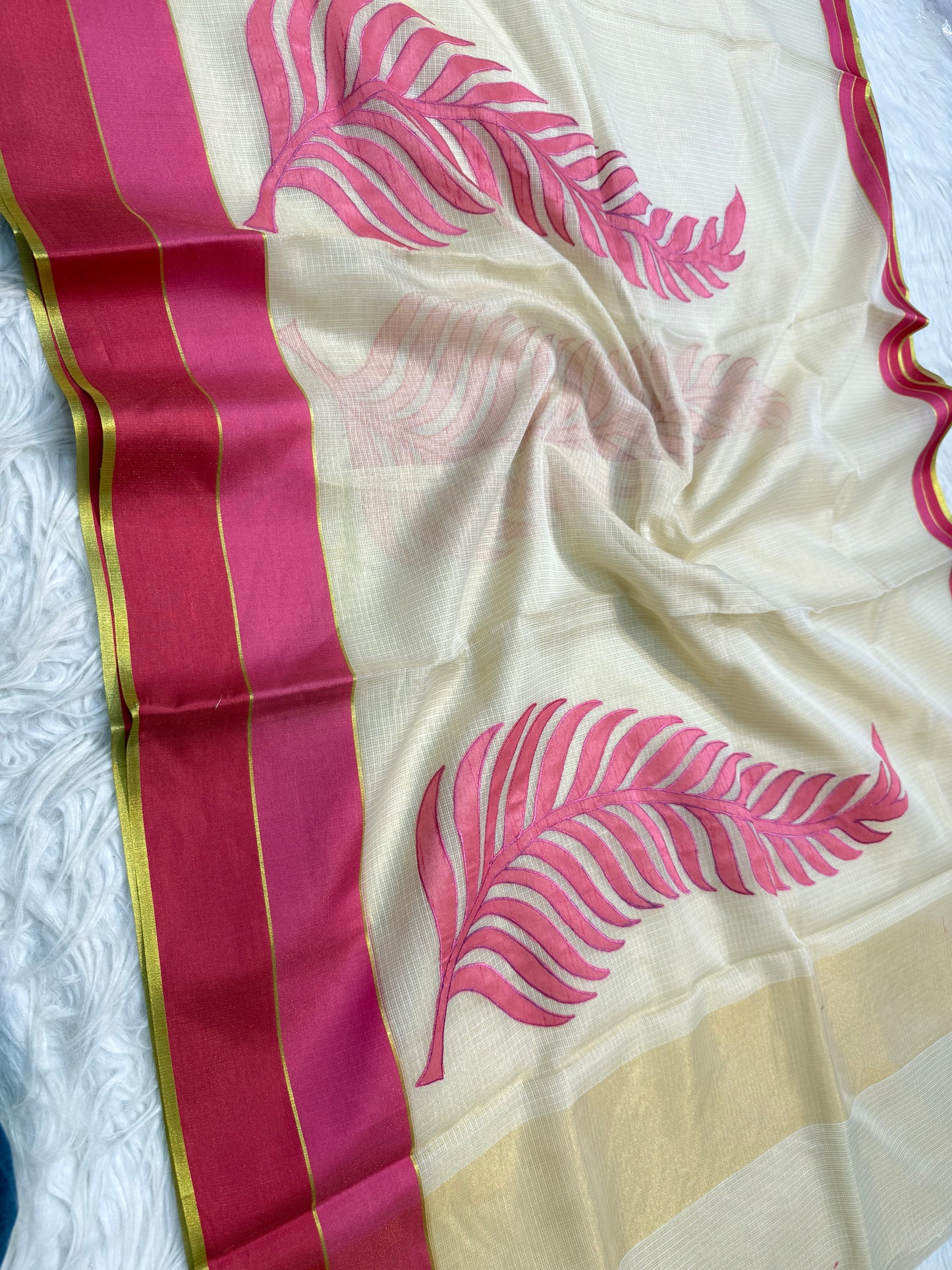 Off White maharani royal pink shade tissue kota appliqué work Banarasi saree