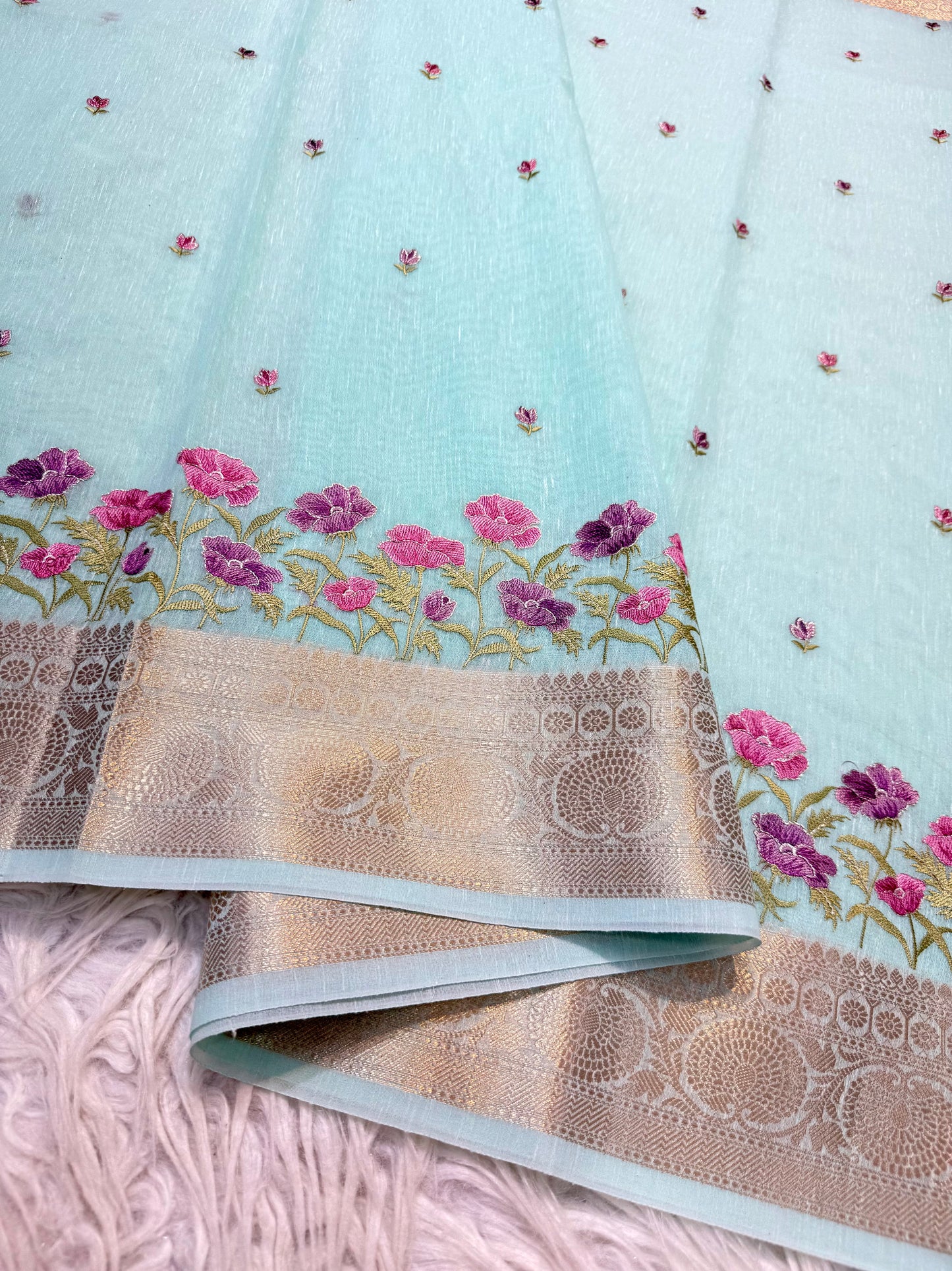 Turquoise shade linen embroidery Banarasi saree