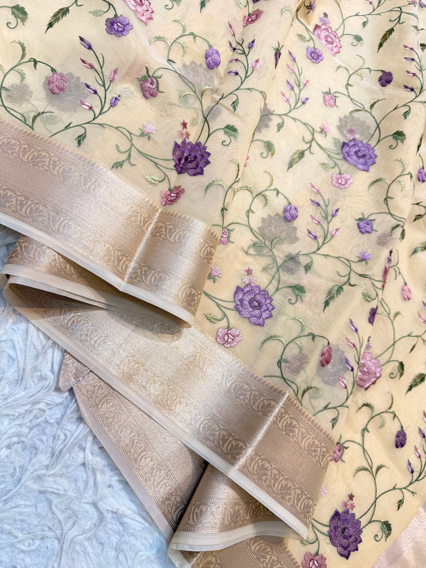 Beige shade organza embroidery Banarasi saree