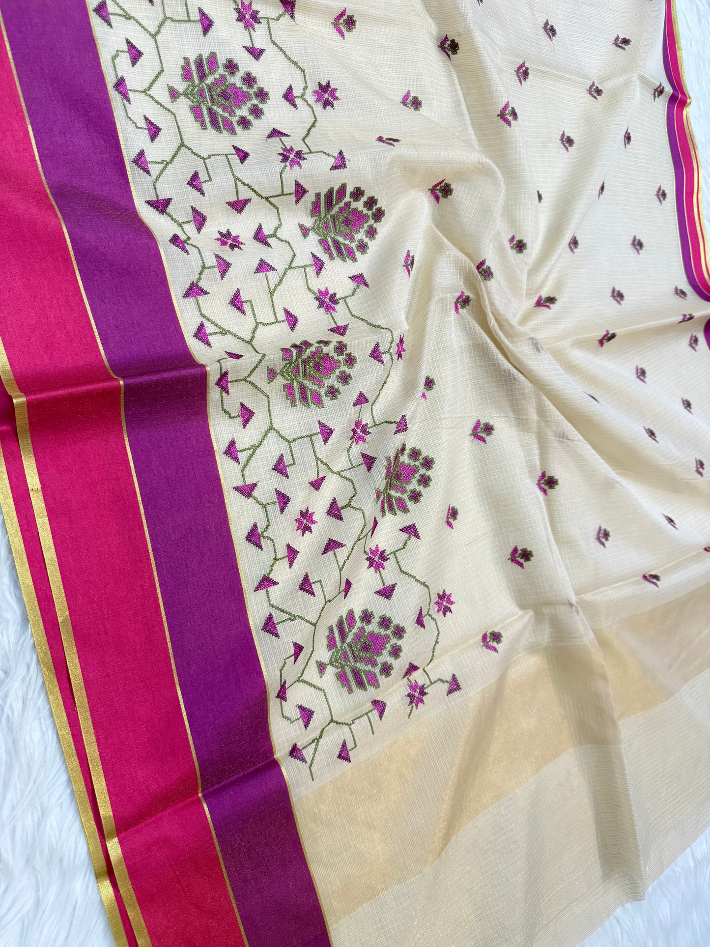 Off white royal pink magenta shade tissue kota embroidery Banarasi saree