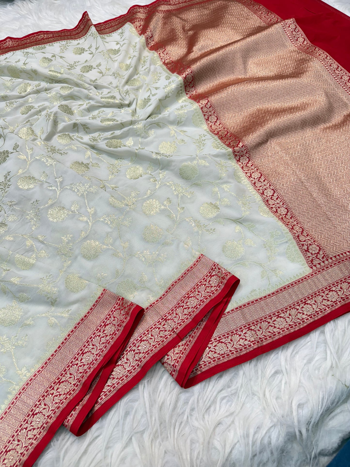 Off white red shade khaddi georgatte premium Banarasi saree