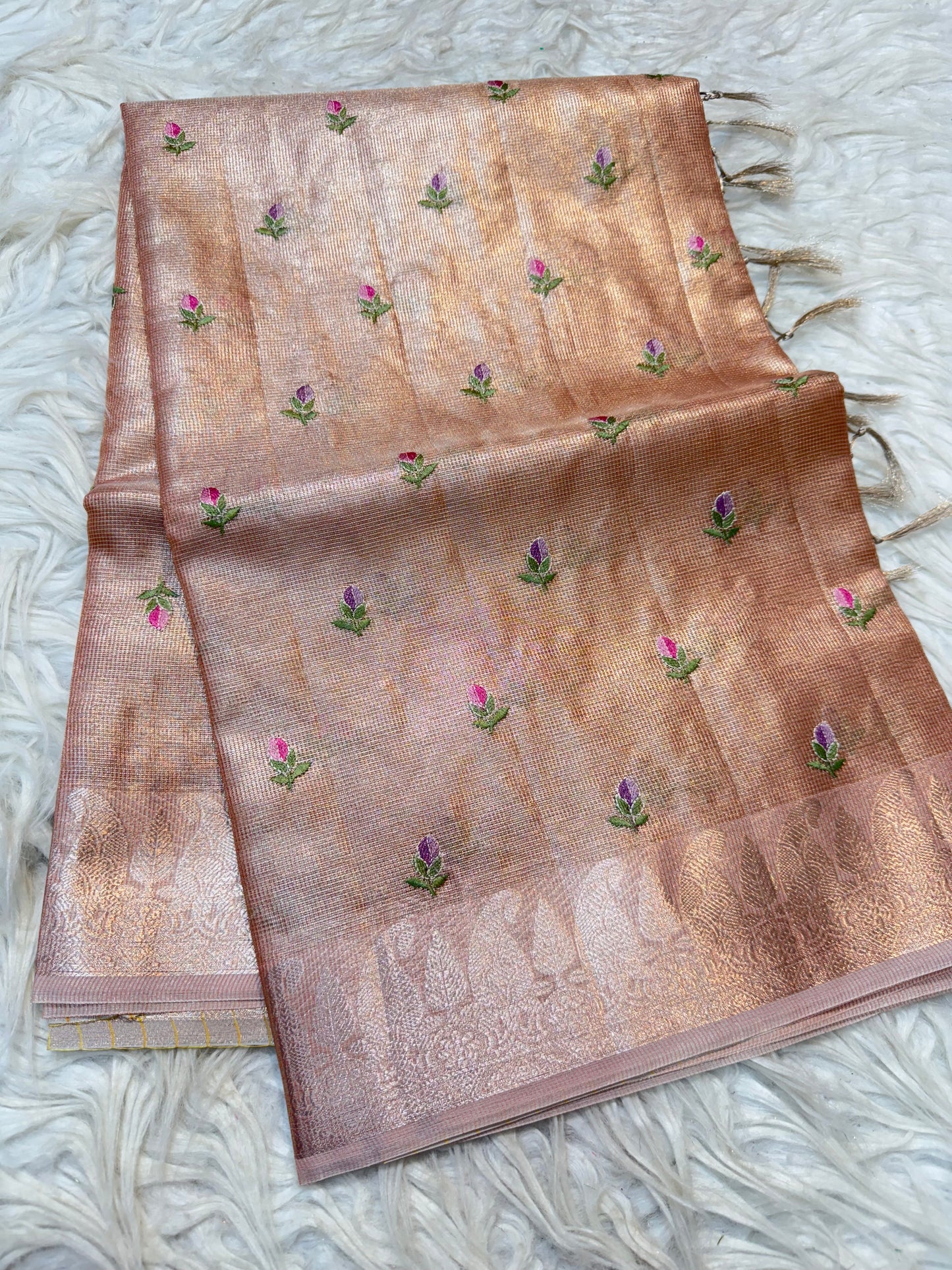 Pink shade tissue kota embroidery primum Banarasi saree